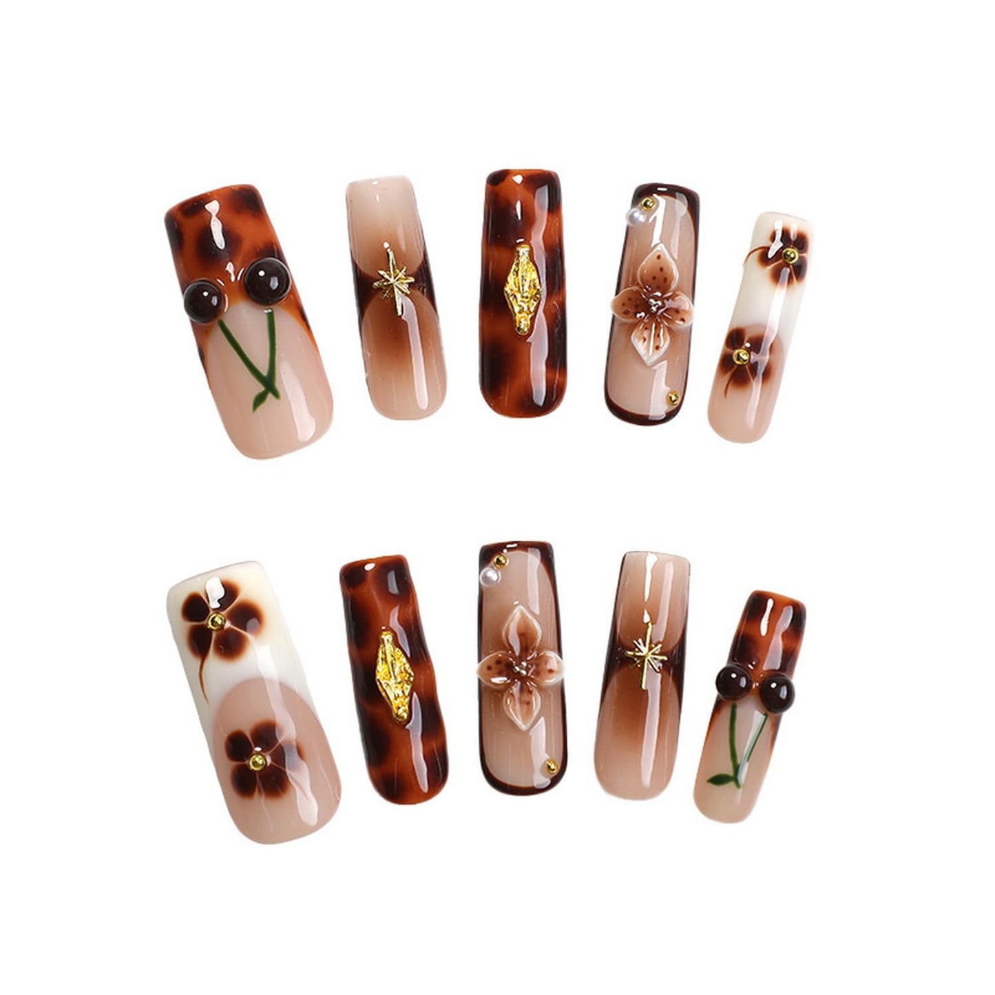Brown French Tip Press on Nails Long Coffin Fake Nails Handmade Press on Nails 3D Luxury Flower and Cherry Embossed Designs Muti-Layer Gel Thick False Nails Glossy Acrylic Nails for Women (Size S)