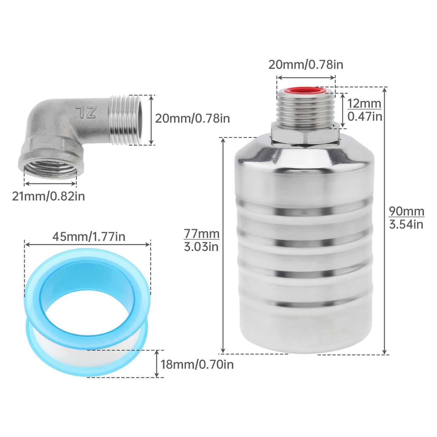 Float Valve, 304 Stainless Steel 1/2inch to 3/4inch Auto Fill Shut Off Water Float Valves Fully Automatic Water Level Control for Water Tank, Pool, Tower, Livestock Troughs