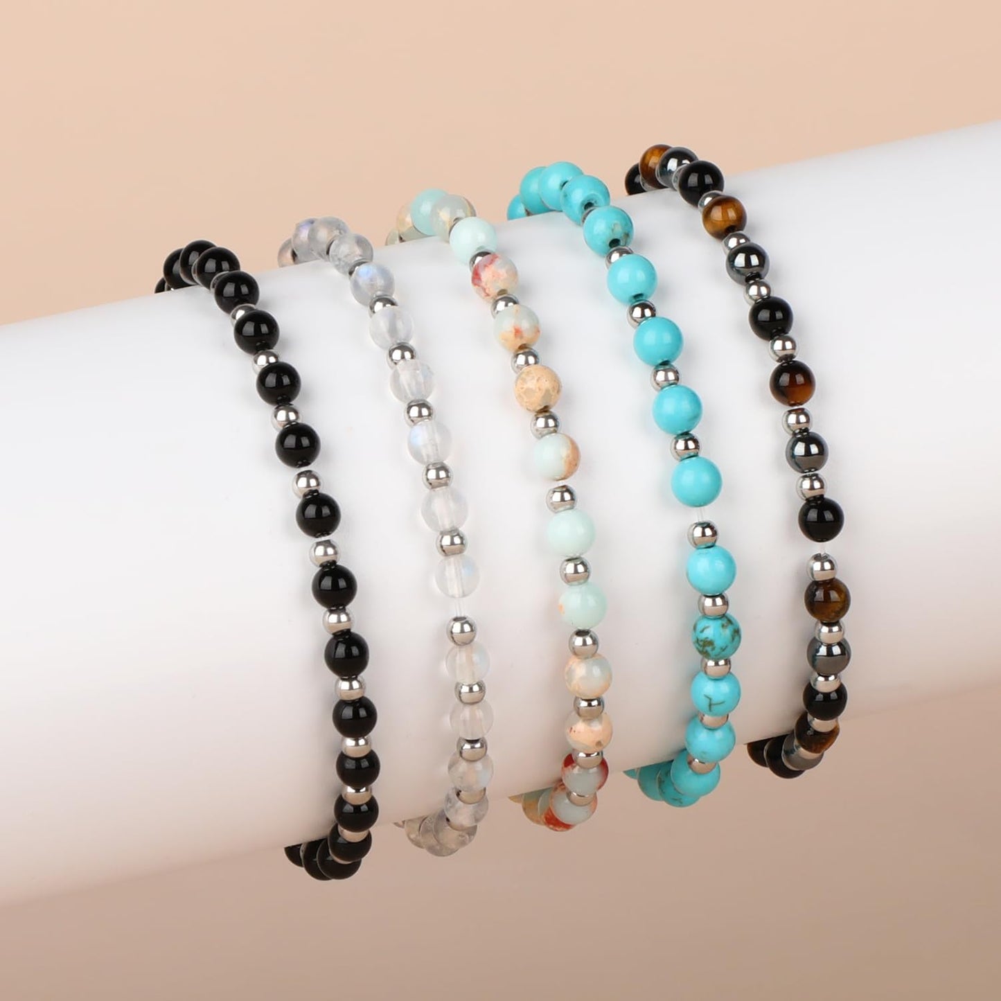 QOGIR Moonstone - New Beginnings - Stainless Silver Beads Natural Gemstone Stretch Elastic Dainty Healing Beaded Bracelets Gifts 4mm