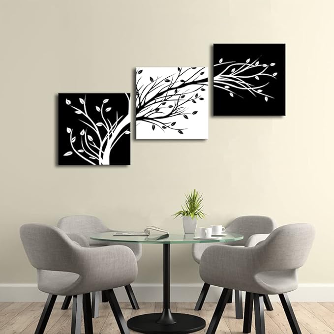 Wieco Art 3 Piece Canvas Prints Wall Art for Living Room Kitchen Wall Decor Large Modern Stretched and Framed Grace Impressionist B & W Leaves Pictures Paintings ornament Ready to Hang L