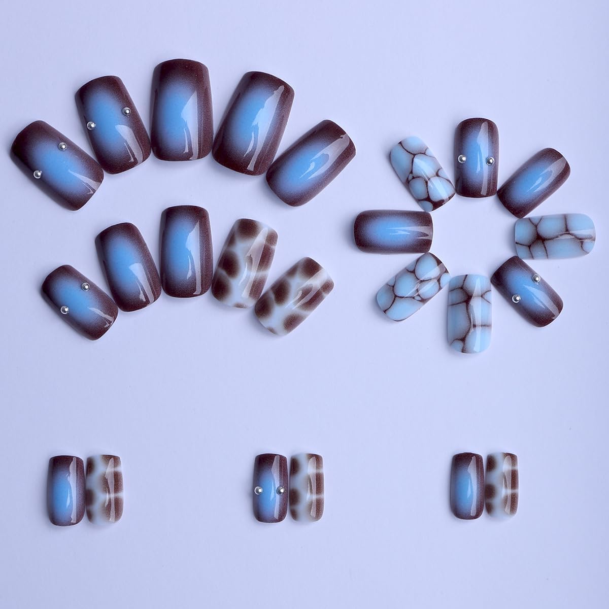 plalely Square Press on Nails Medium Blue Fake Nail Turtle Print Acrylic Nail Press ons With 3D Charm Stick on Nail for Women 24pcs