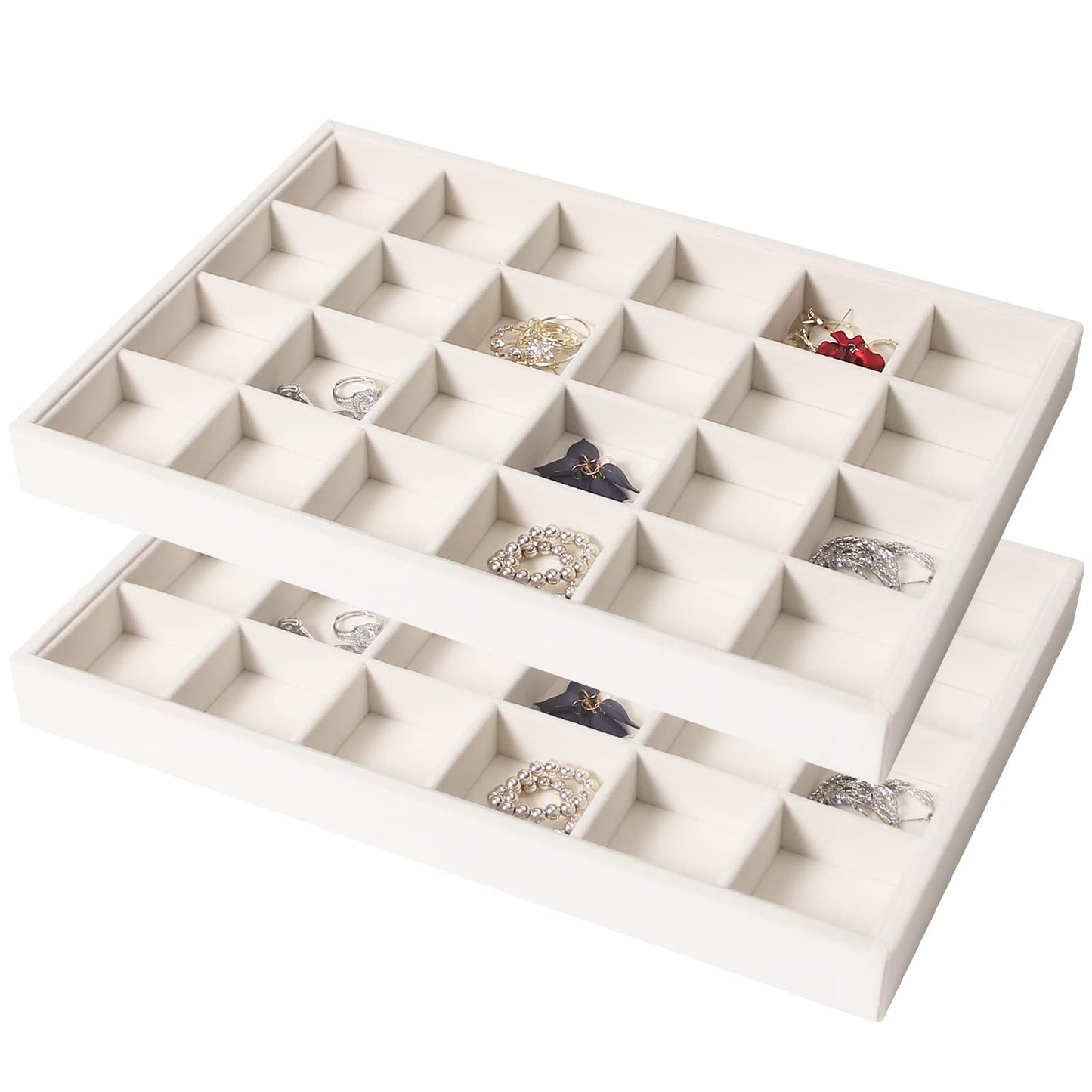 Coward 2PC Stackable 24 Gird Jewelry Organizer Tray Necklace Earring Box Storage Drawer Ring Bracelet Display Holder (beige(24grid+24grid))