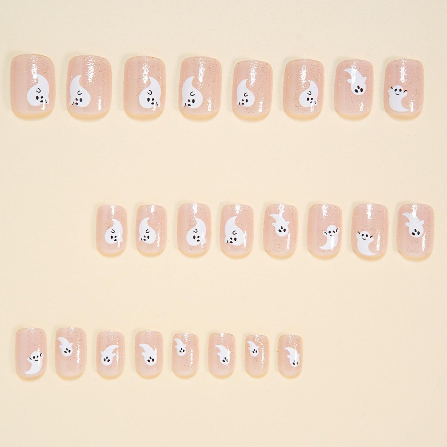 24Pcs Halloween Press on Nail Short Square Fake Nails Ghost Glue on Nails with designs Acrylic Stick on Nail Full Cover Glitter False Nails Cute Press ones for Women Kids Halloween Party Gift