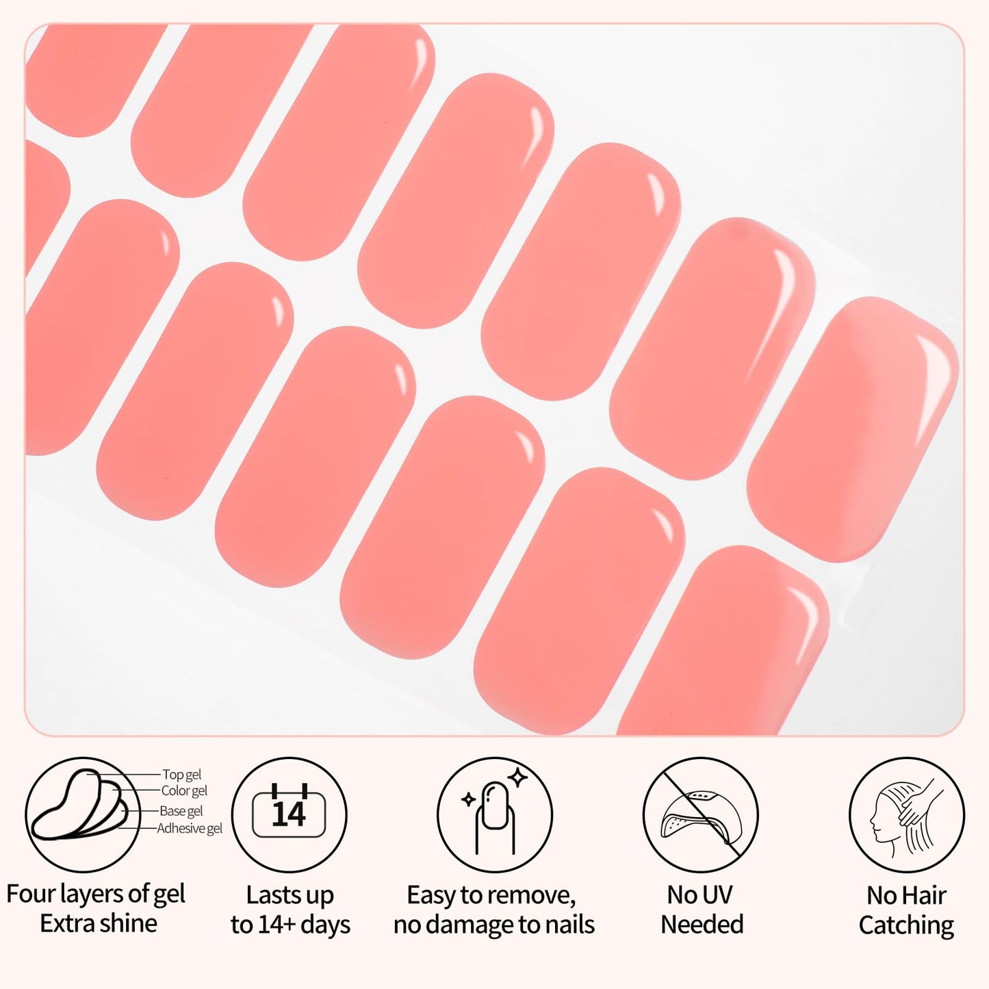 Semi Cured Gel Nail Strips -Bright Pink -Stylish Nail Wraps, No UV Light Needed, Effortless Application & Removal, Salon Quality, Includes 16 Wraps, 1 Prep Pad, Wooden Stick & Nail File