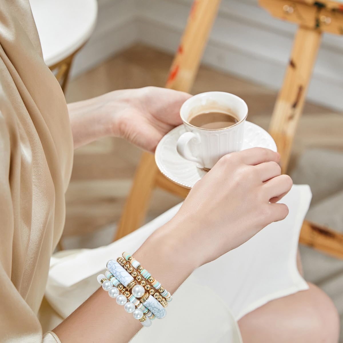 GOOJIDS Simple Beaded Gold Plated Bangles Bracelet Chunky Bamboo Tube Curved Stacking Clear Acrylic Colorful Beads Stretchable Gold Plated Bracelets Set For Women