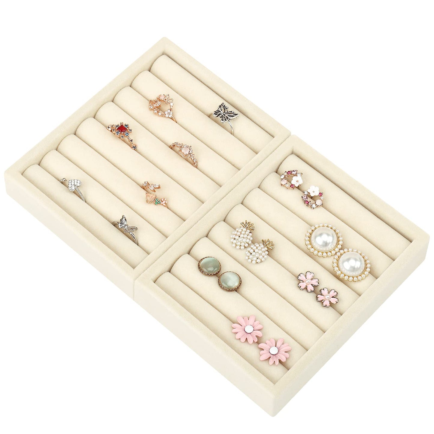DesignSter Small Jewelry Tray-Ring Organizer 2PCS Premium Velvet Rings Earrings Display Tray Storage Insert Holder for Jewelry Box, Drawer, Dresser (8 Slots, Beige)