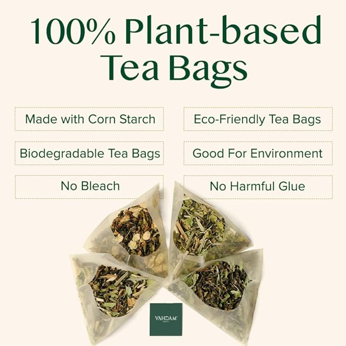 VAHDAM, Organic Himalayan Green Tea (100 Count) High Grown, Non GMO, Gluten Free, Low Caffeine | Earthy & Smooth | Resealable & Plant-Based Pyramid Tea Bags