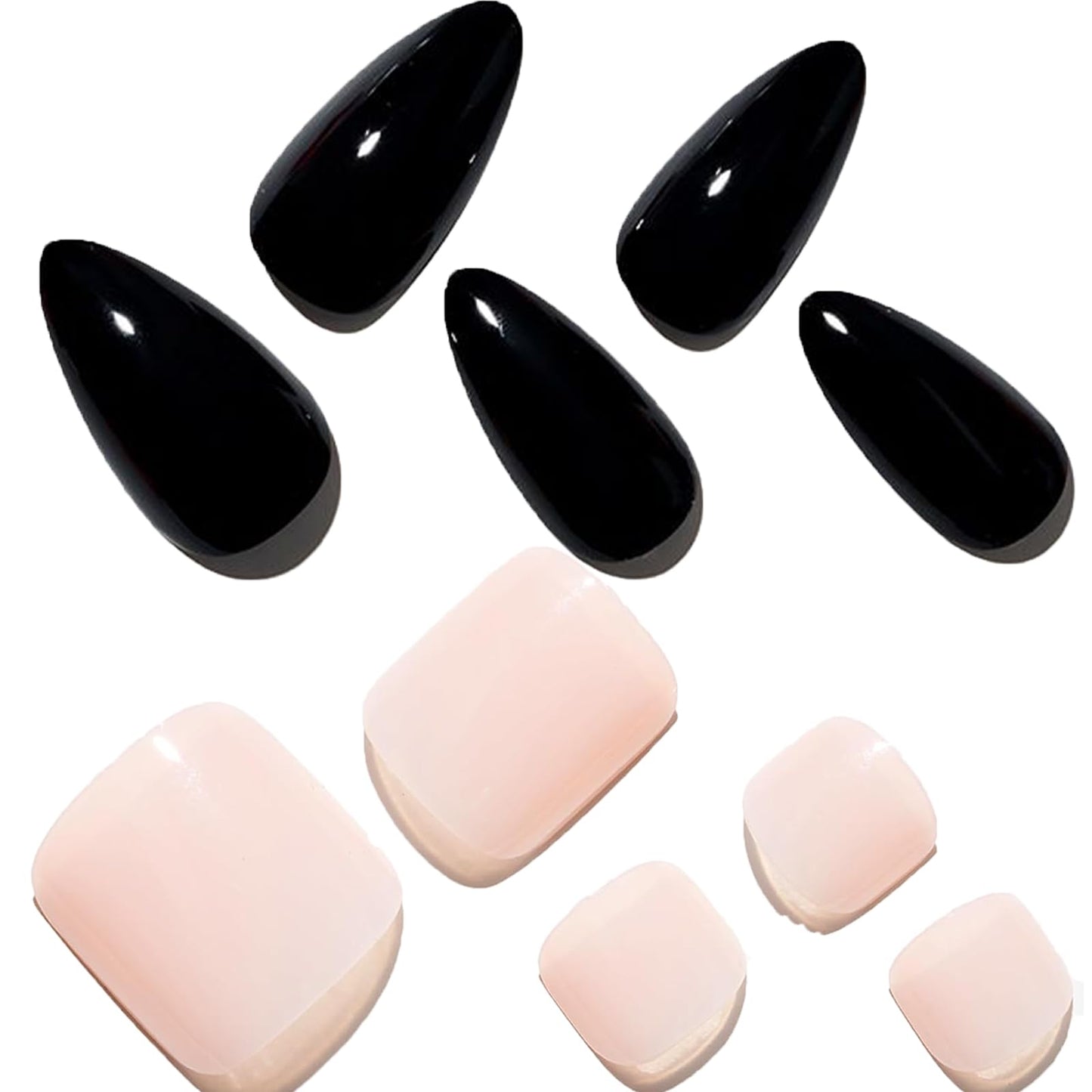 GLAMERMAID Press On Nails Almond with Press on Toenails Sets,Black Nude Glossy 48 Pcs Toenails Press Ons,Hand and Toenails Sets for Women