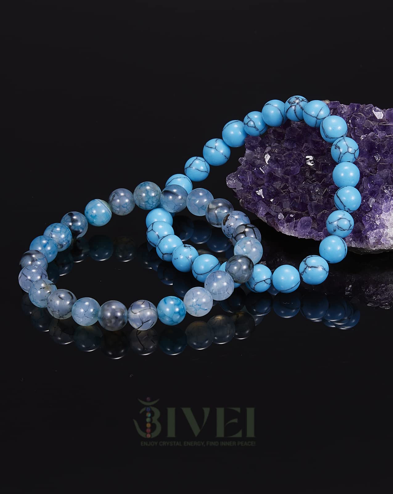 Bivei Natural Gemstone Semi Precious Crystals Handmade Stretchy Round Beads Bracelet, Stocking Stuffers for Women(Blue Dragon Vein Agate & Turquoise (Strength & Protection) Medium)