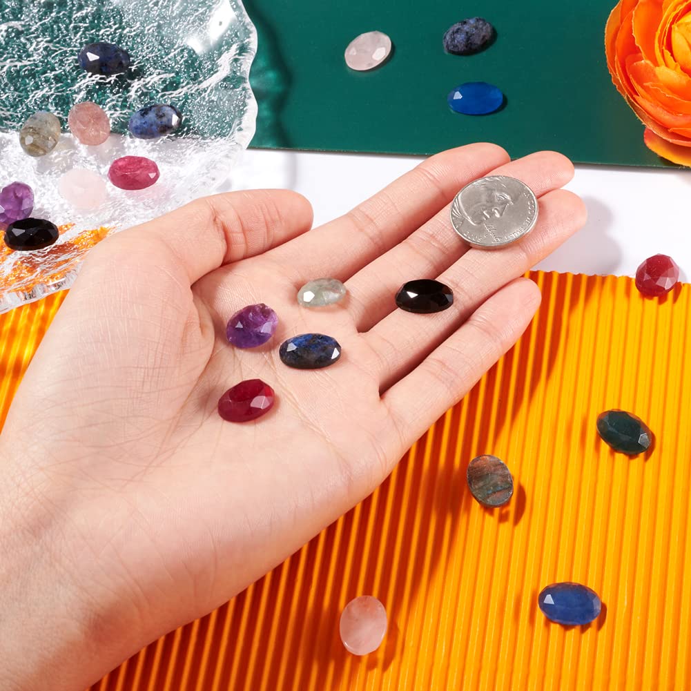 Fashewelry 30Pcs 14x10mm Mixed Natural Stone Cabochons Flat Back Oval Cameo Tiles Faceted Self Adhesive No Hole Gemstone Beads for Bezel Tray Chakra Healing Crystal Cover Cabs for Jewelry Making
