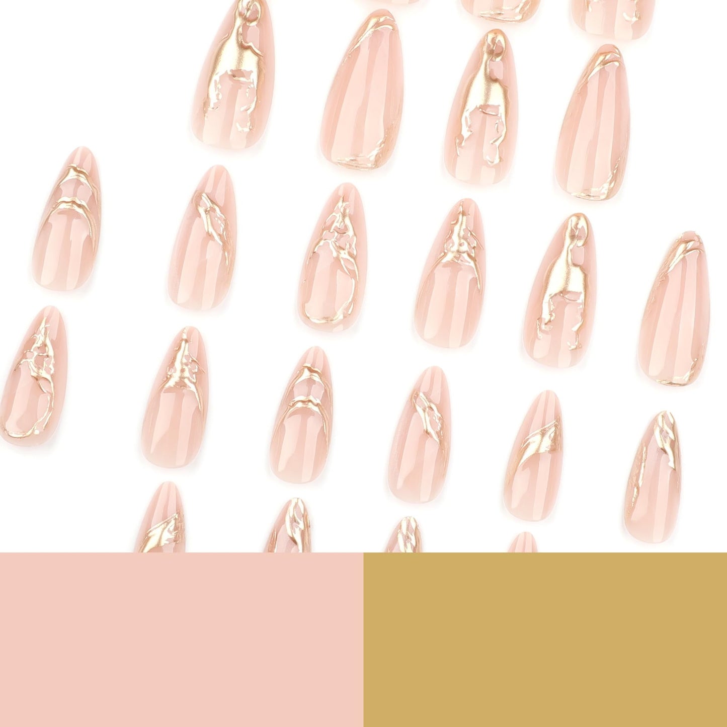 Gold Press On Almond False Nails - Medium Fake Nails with 3D Gold Chrome Design - Glossy Full Cover Stick On Press Ons for Women - 24 Pcs