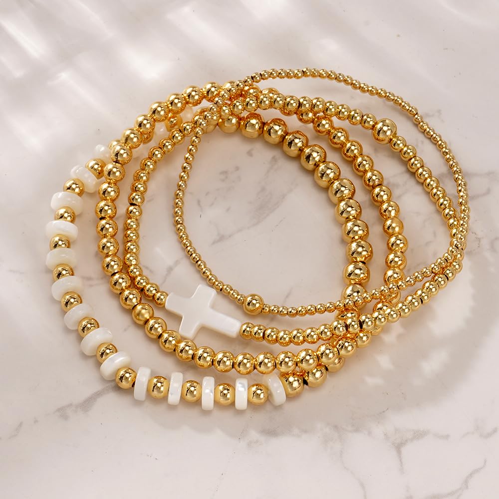 Bohxantium Gold Beaded Bracelets for Women - Stackable Cross Bracelet Stretch Gold Beads Stack Handmade Boho Dainty Non Tarnish Religious Jewelry Trendy Summer Friendship Christian Gift for Women