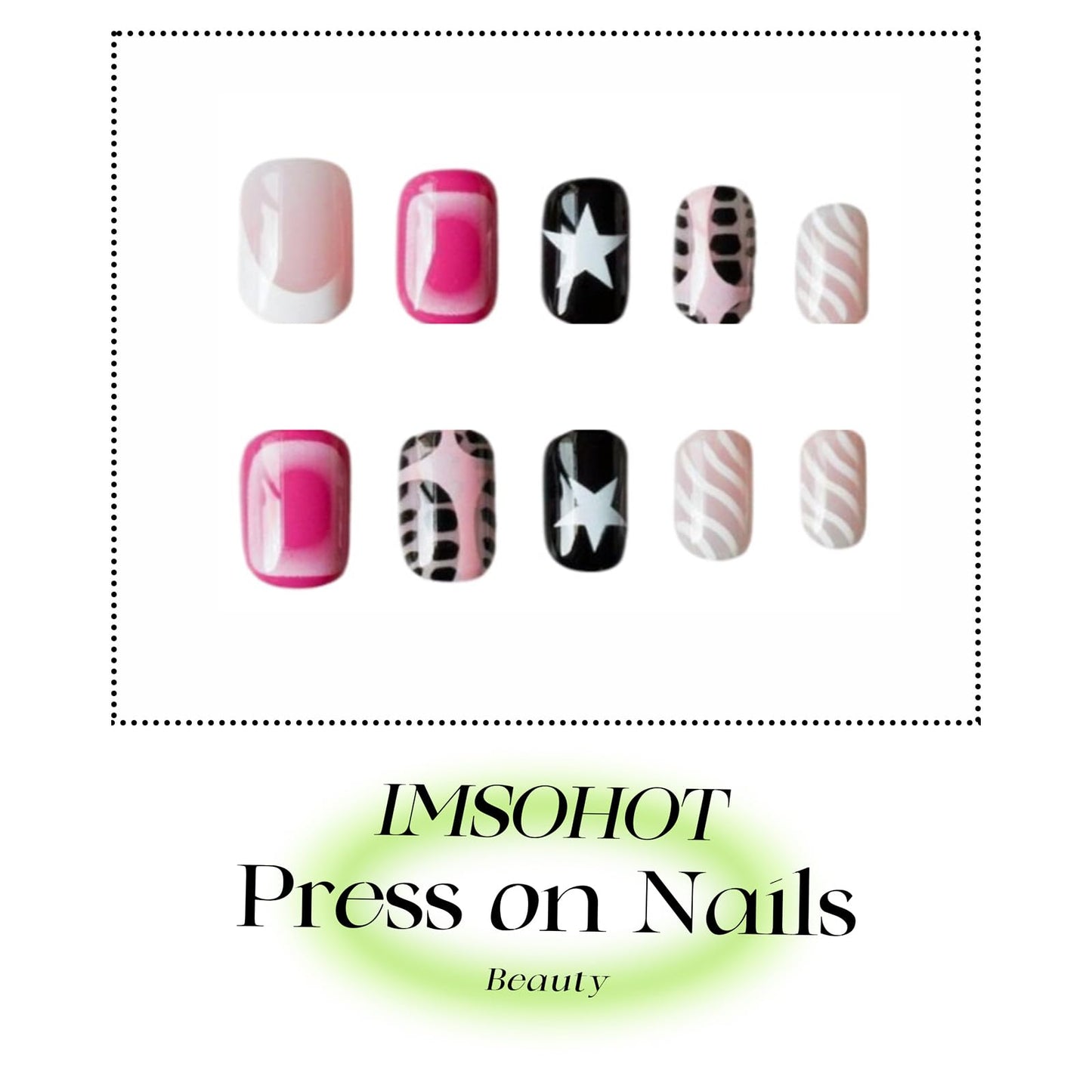 IMSOHOT Press on Nails Short Square Fake Nails Pink Ombre & Black White Pattern False Nails Cute Acrylic Nail Supplies Y2K Squoval Glossy Full Cover Stick on Nails for Women Girls