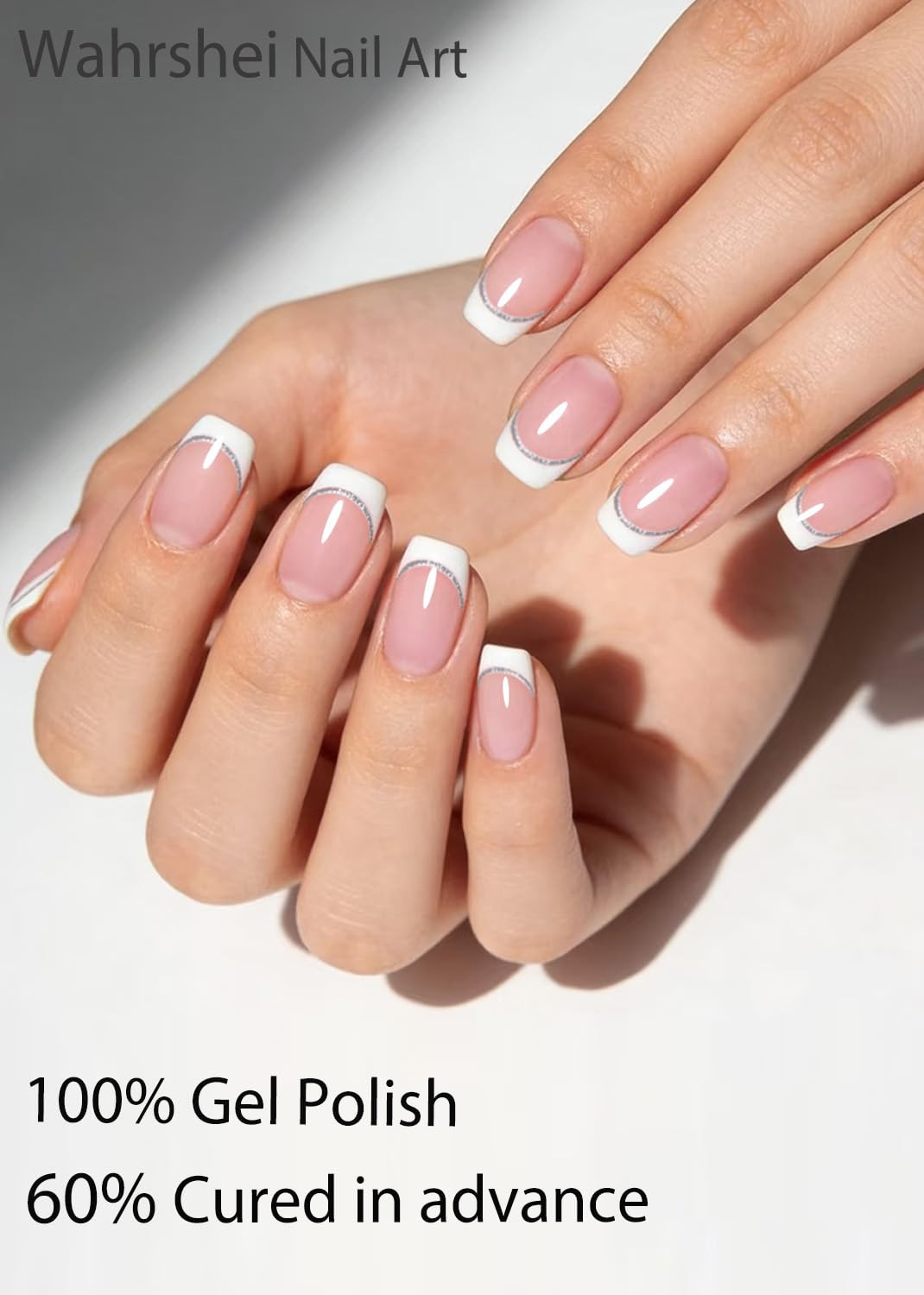 UV Gel Nail Stickers, French Glitter 20pcs Semi Cured Gel Nail Strips, Wraps for Home Manicure DIY