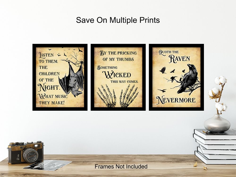 Vampire Bat, Edgar Allan Poe, The Raven Quotes Set - Creepy Spooky Bram Stoker Dracula, Shakespeare Witch, Witchcraft - Medieval Gothic Home Decor - Funny Bathroom Wall Art & Decor 11x14