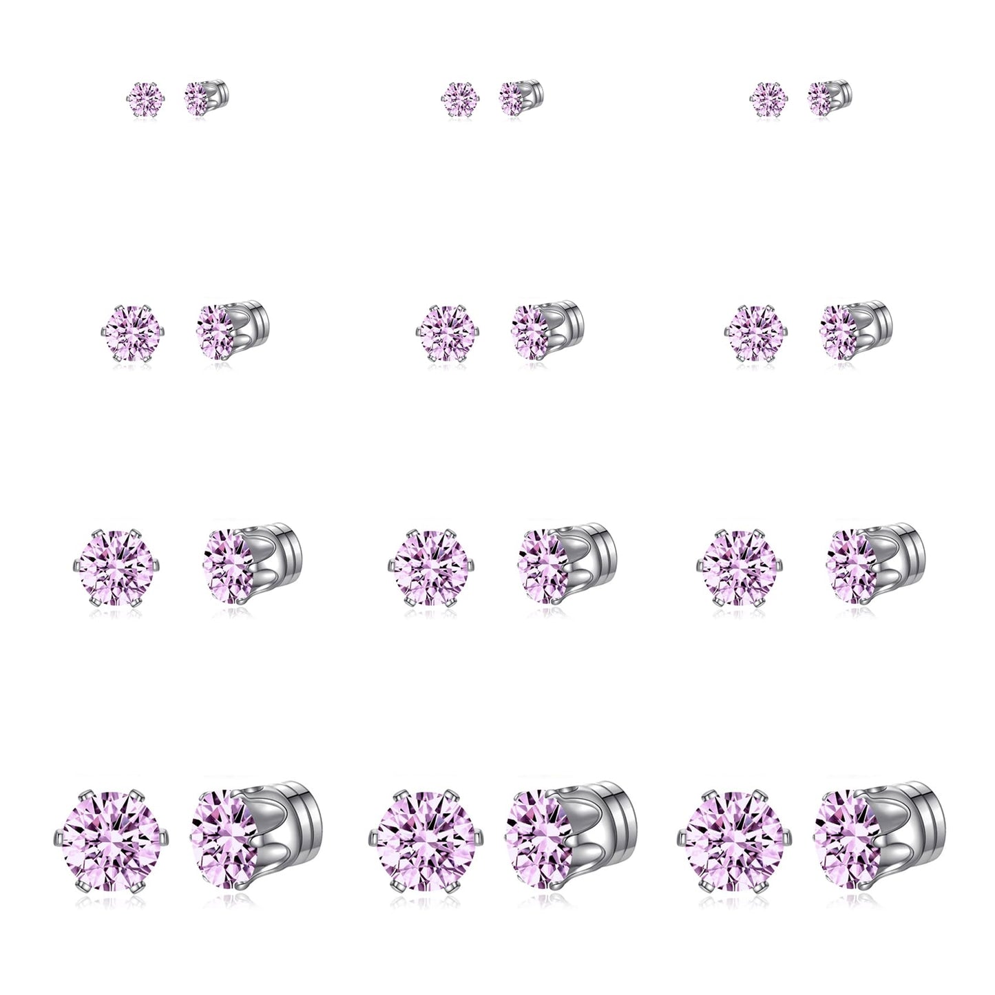 Spiritlele 12 Pairs Purple Small Big Cubic Zirconia Magnetic Earrings Clip on Non Piercing Earrings Set Unisex 4MM-7MM