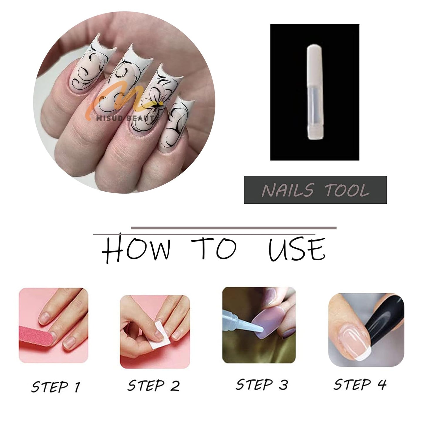 MISUD Press on Nails - Long Square Fake Nails with Matte White French Tip, Acrylic Black Flower Design 24 pcs