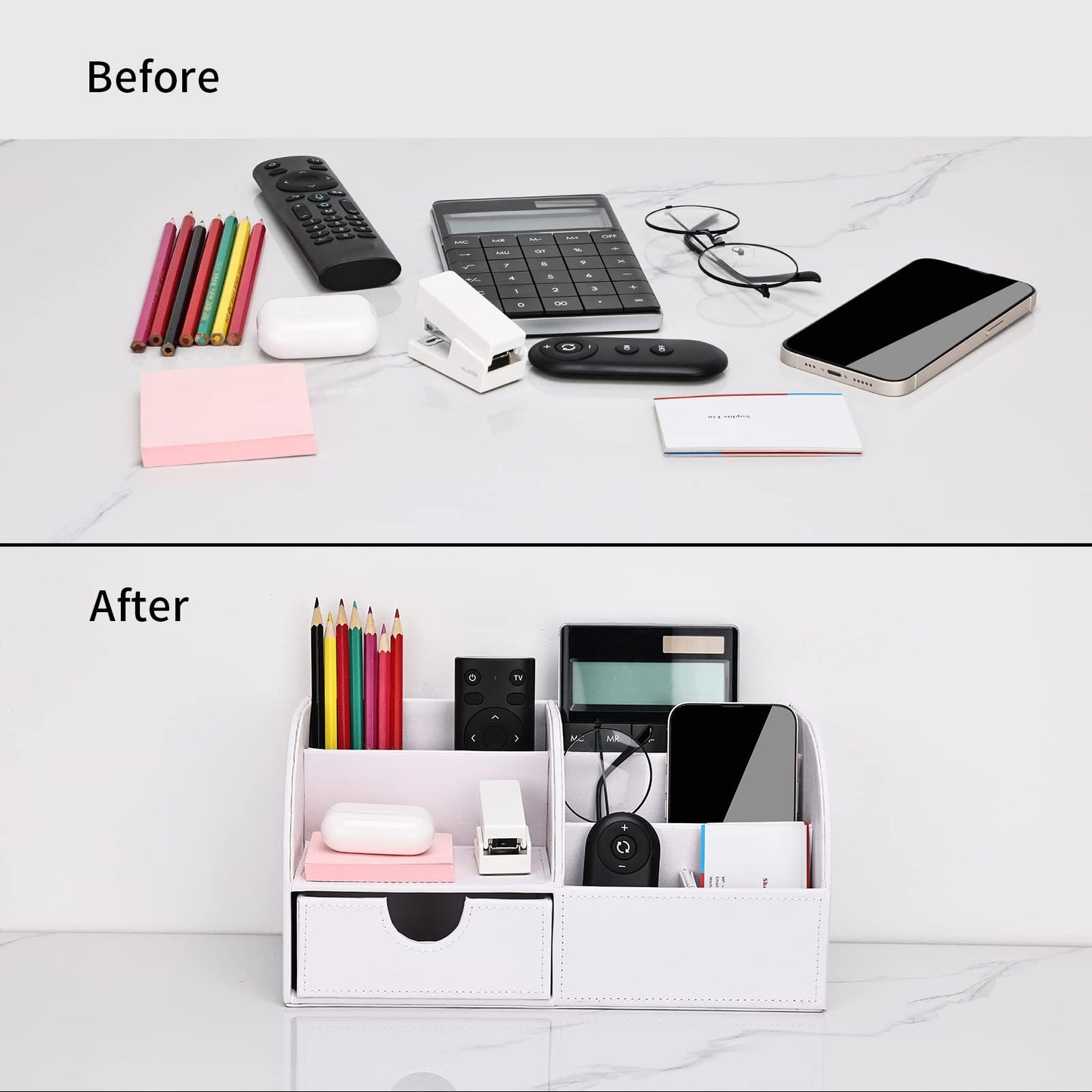 KINGFOM Pu Leather Desk Organizer Pen Pencil Holder Office Supplies Caddy Storage Box 6 Compartments with Drawer White (Full Pu Leather)