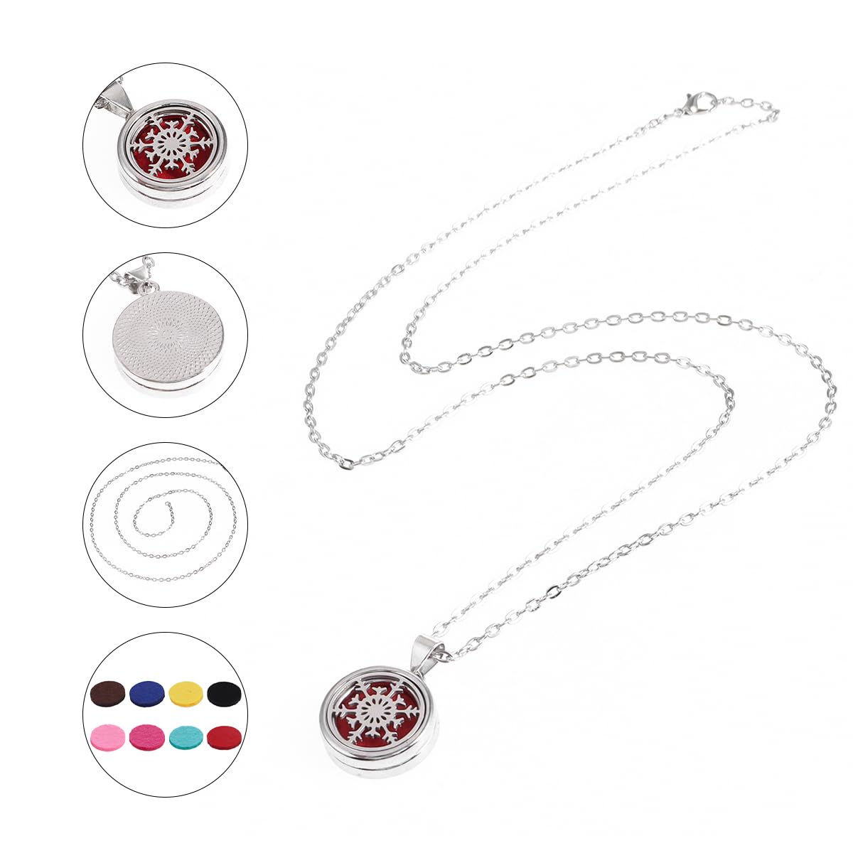 YWLI Essential Oil Diffuser Necklace Aromatherapy Locket Pendant Necklace Stainless Steel Snowflake Necklace Pendant with 10 Pcs Refill Pads