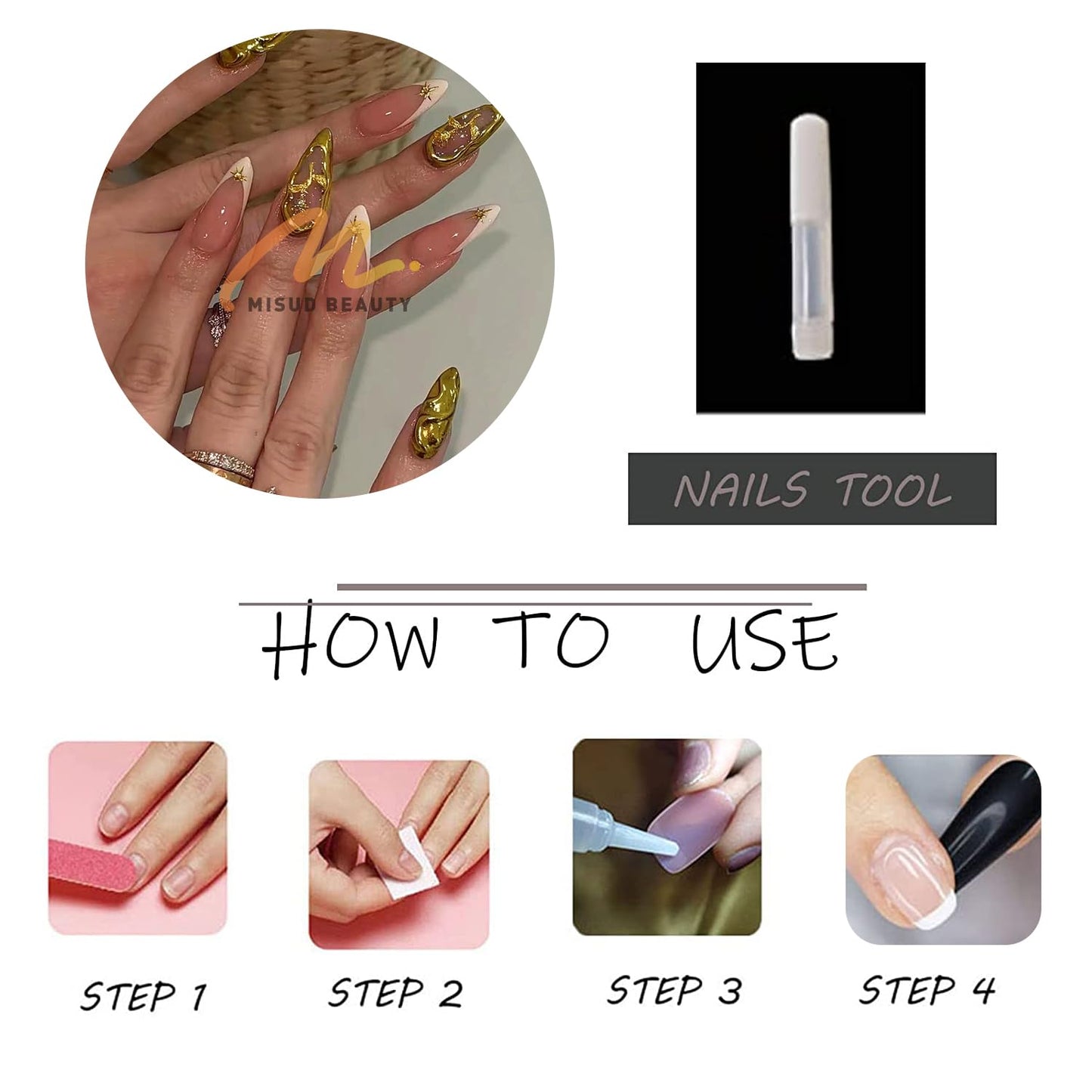MISUD Press on Nails - Medium Almond Fake Nails with White French Tip, Acrylic Gold Chrome Design 24 pcs