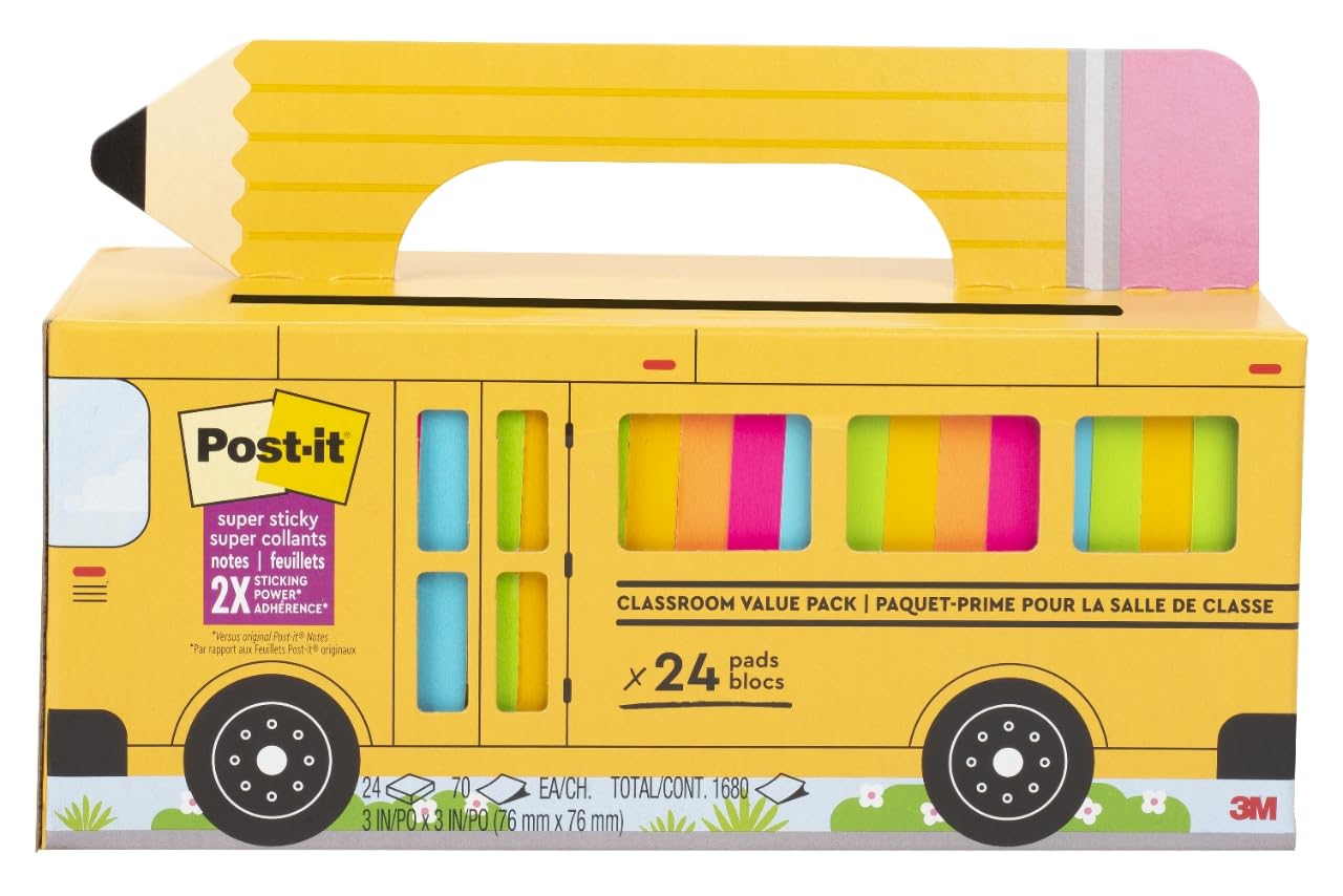 Post-it Super Sticky Notes, 24 Sticky Note Pads, 3 x 3 in, School Supplies, Office Products, Notes for Vertical Surfaces, Monitors, Walls and Windows, Bus Cabinet Pack