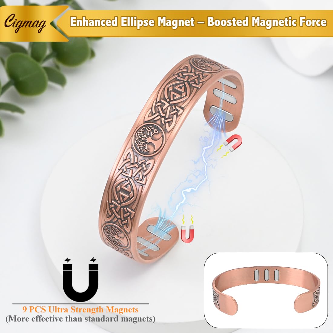 Cigmag Copper Bracelet for Men, with Powerful 9X 5000 Gauss Magnets, Adjustable Solid Pure Copper (Celtic Lotus Life Tree)