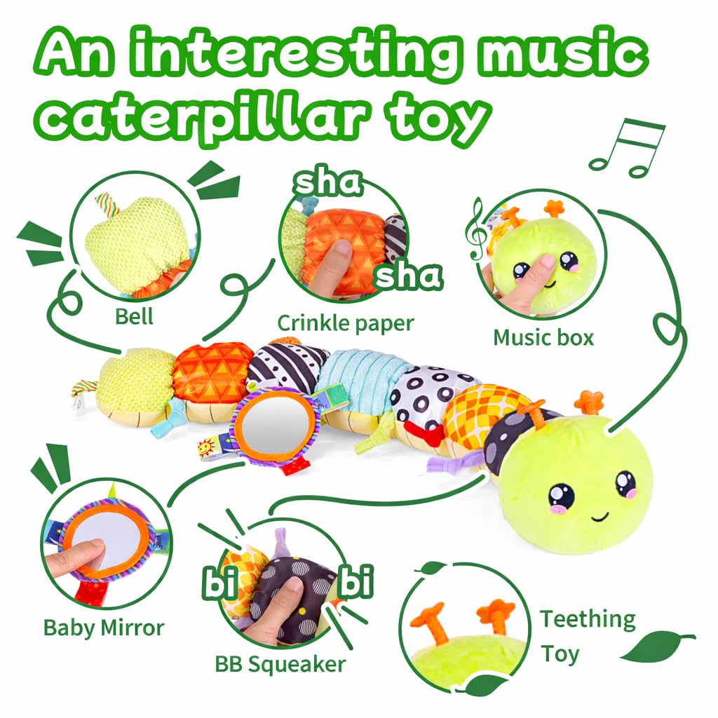 SRICH Baby Musical Plush Caterpillar Toy - 0-12 Months Tummy Time & Head Lifting Soft Sensory Toy, Rattle, Rustling Sounds & Mirror for Boys & Girls