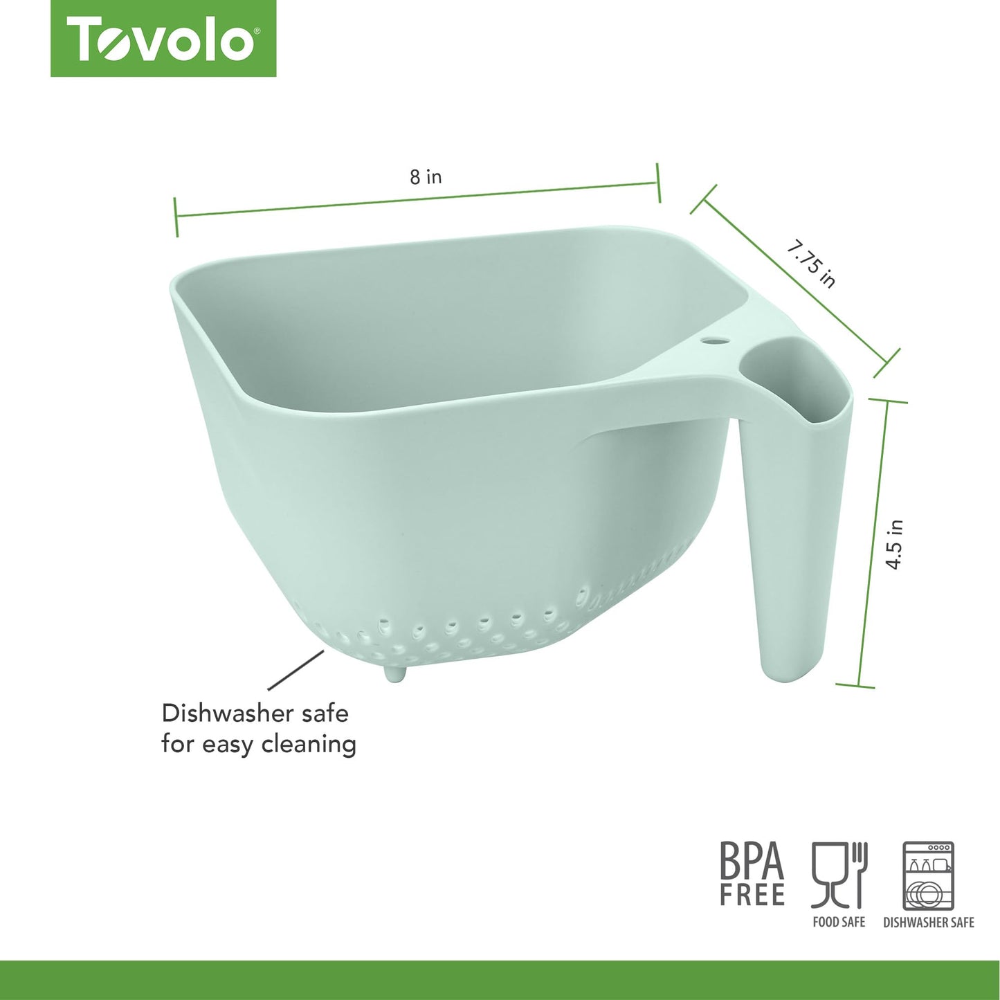 Tovolo Elements Square Colander with Handle Strainer Basket for Pasta Fruit Berries Veggies, Easy to Clean BPA Free Heat Resistant Plastic Colander with Spout 3 Quart Kitchen Strainer, Blue Haze