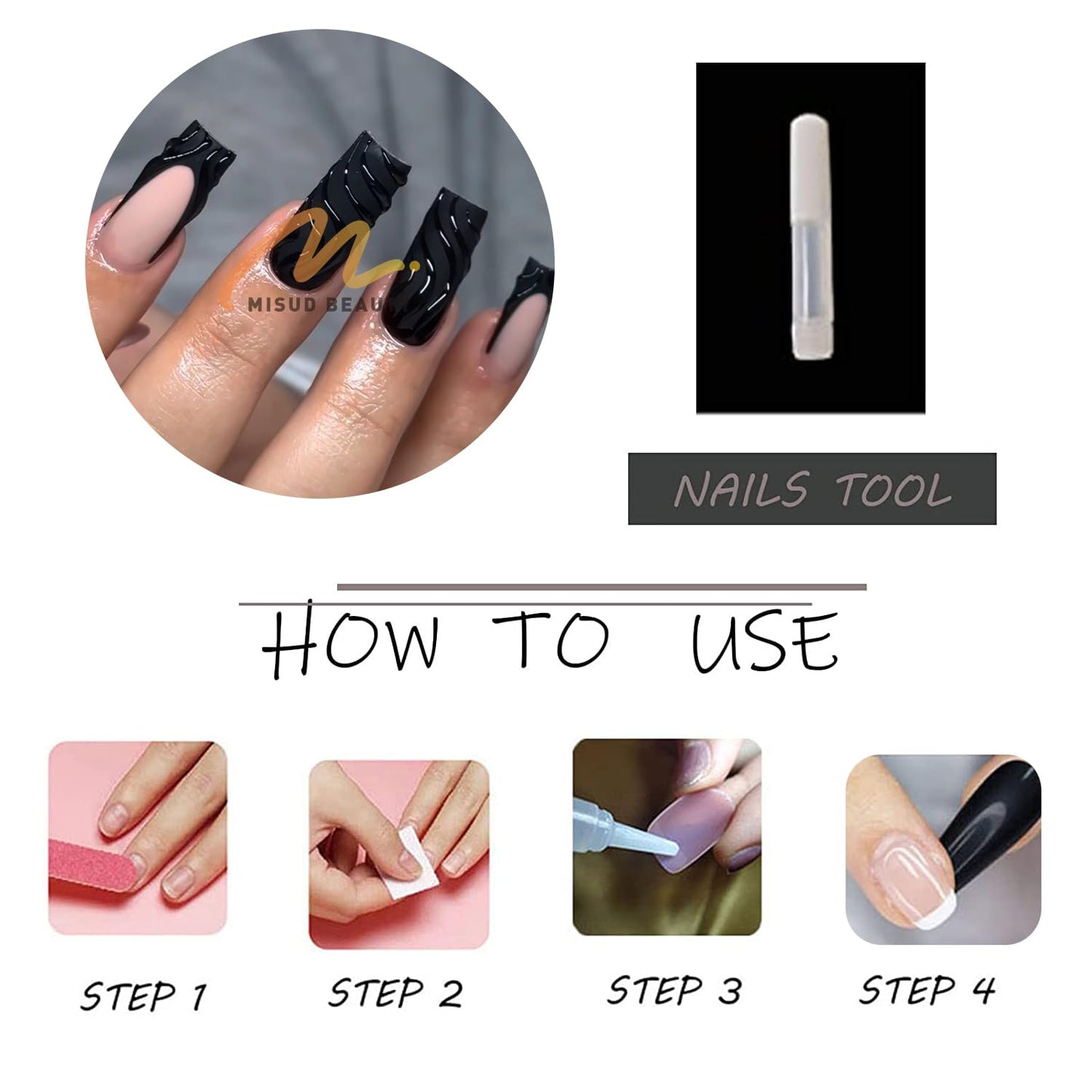 MISUD Press on Nails - Long Square Glue on Nails with Matte Black French Tip, Acrylic Handmade 3D Gel Design 24 pcs