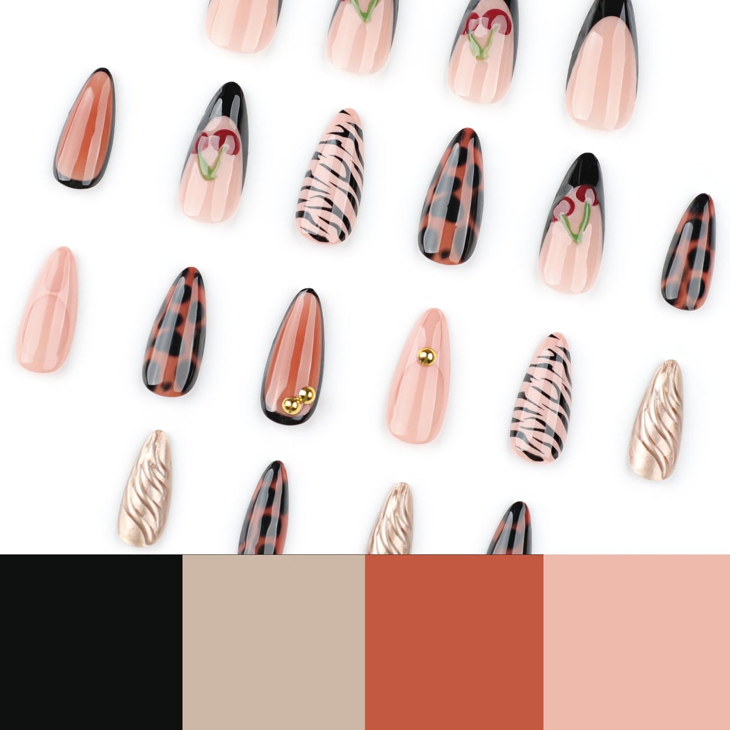 MISUD Press on Nails - Medium Almond Fake Nails with Cherry Tortoise, Acrylic Fall Brown Design 24 pcs