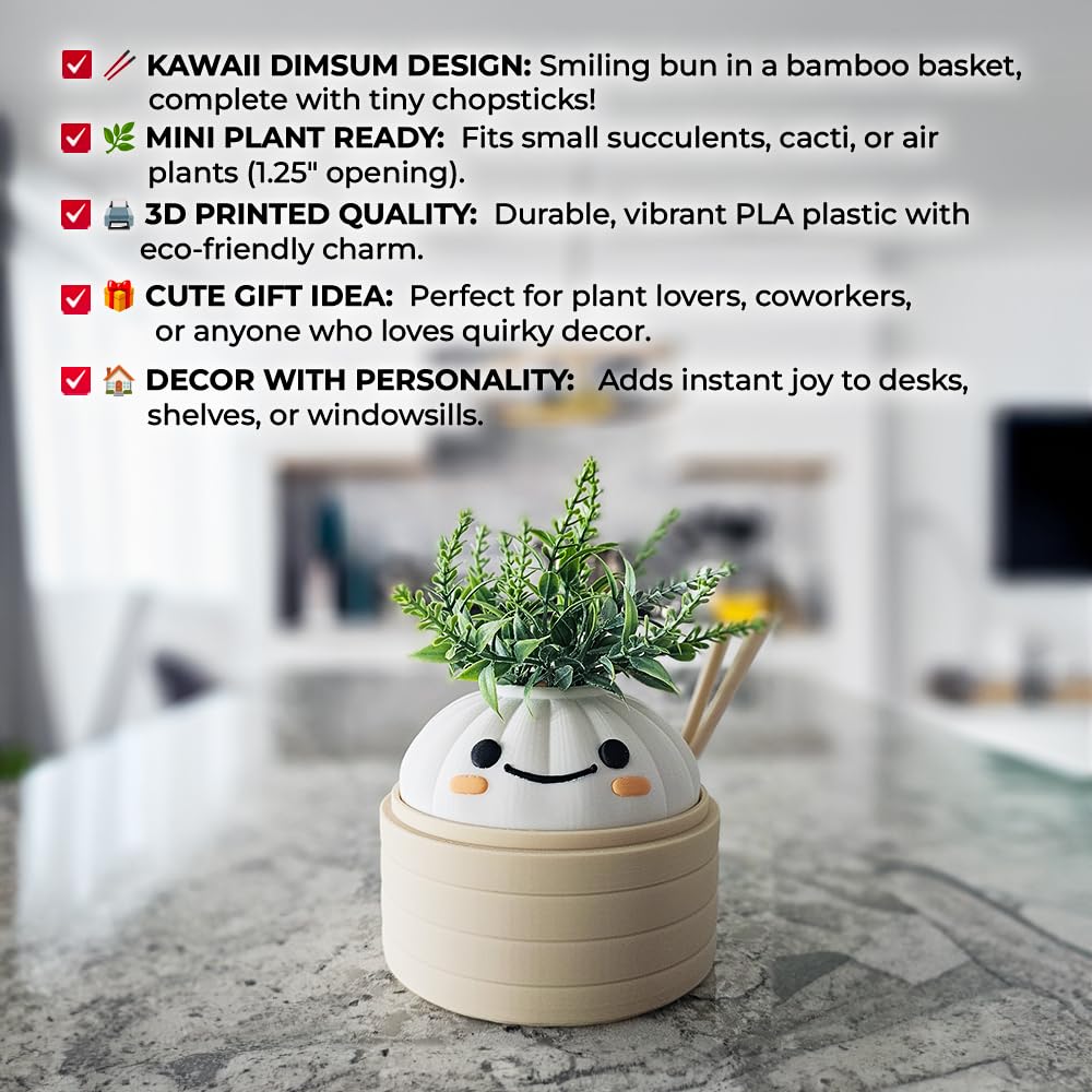 Mivi Collection Kawaii Dimsum Succulent Plant Pot, Cute Dumpling Desk Planter, Mini Bamboo Basket, Small Office Gift, Asian Food Decor, Unique Gift Idea