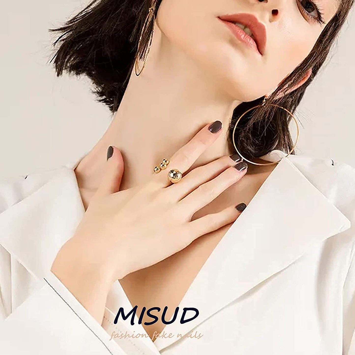 MISUD Press on Nails - Short Oval Glue on Nails with Black White, Acrylic Checkered Design 24 pcs