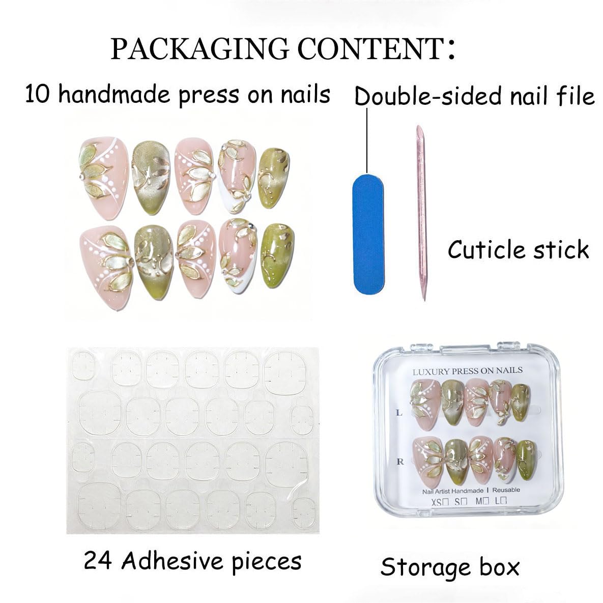 10Pcs Medium Almond Handmade Press On Nails | Easy Apply & Remove, Reusable Salon Quality Nails | Elegant Nude & Olive Green Cat-Eye Fake Nails with 3D Leaf & Gold Accents(5U10, M)