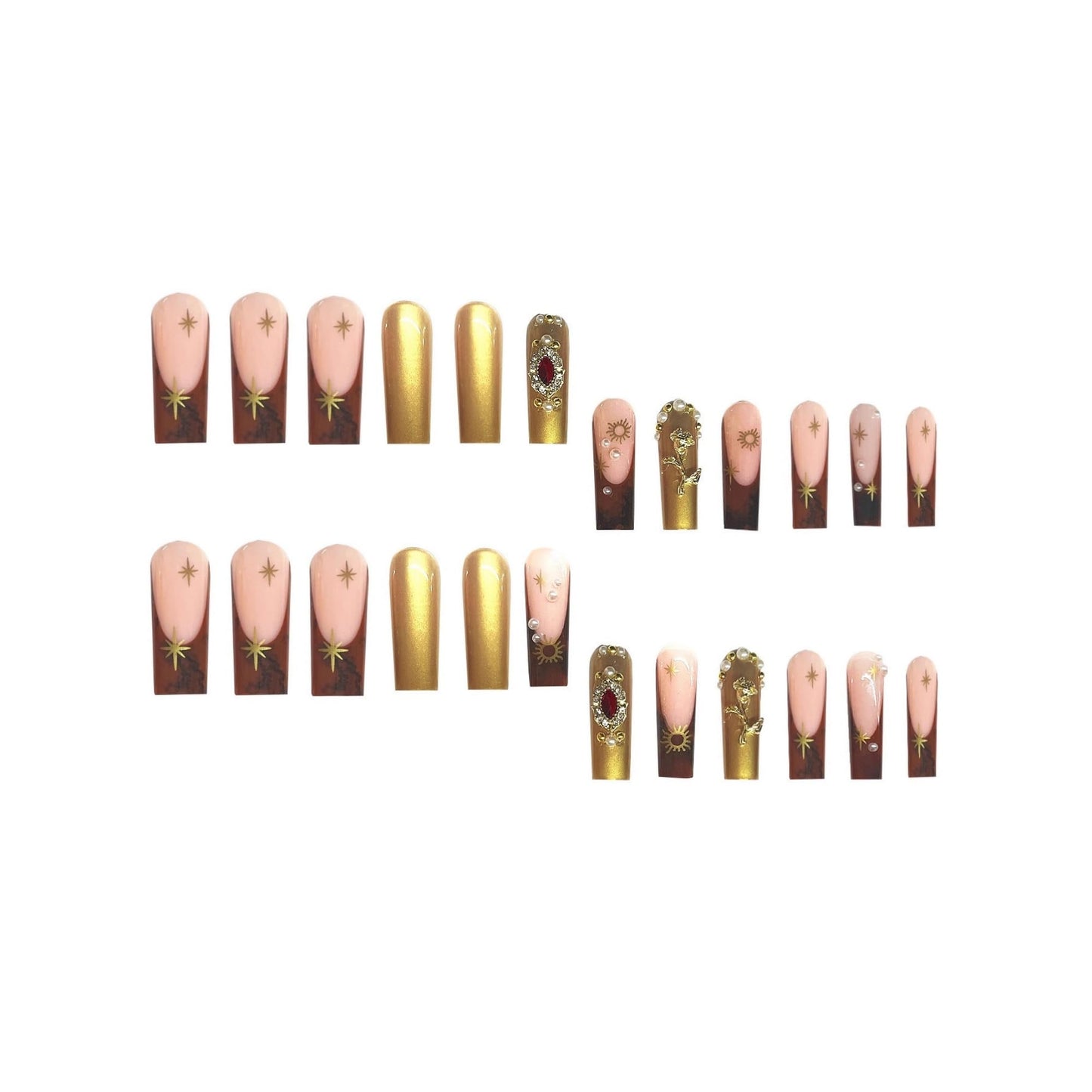 Long Press on Nails Square Fake Nails Bow Artificial Nail Pearl and Red Rhinestones Designs Gold Flowers Stick on Nail for Women 24pcs