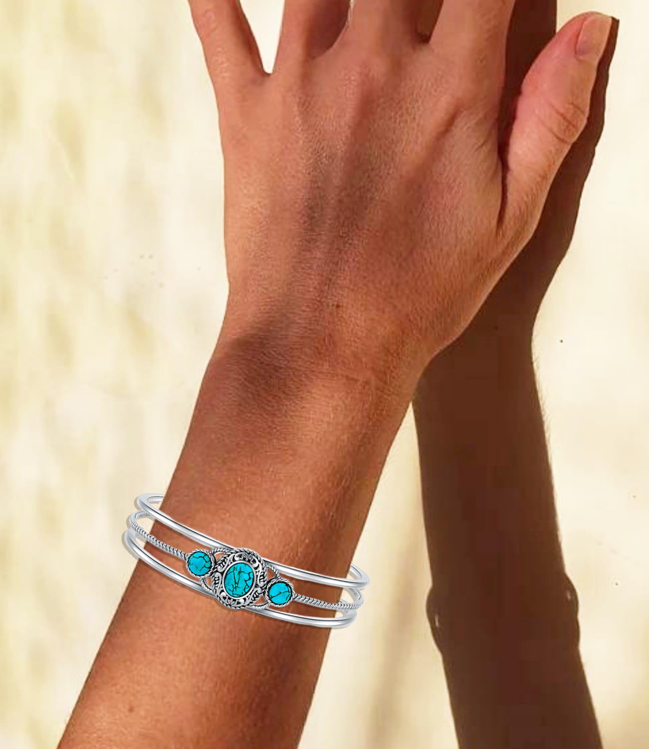 DOLIOX Genuine 3 Turquoise Stone Bracelet, Sterling Silver Boho Adjustable Bangle Cuff Native American Vintage Jewelry for Women, Fit for 6.5 7 7.5 Inches