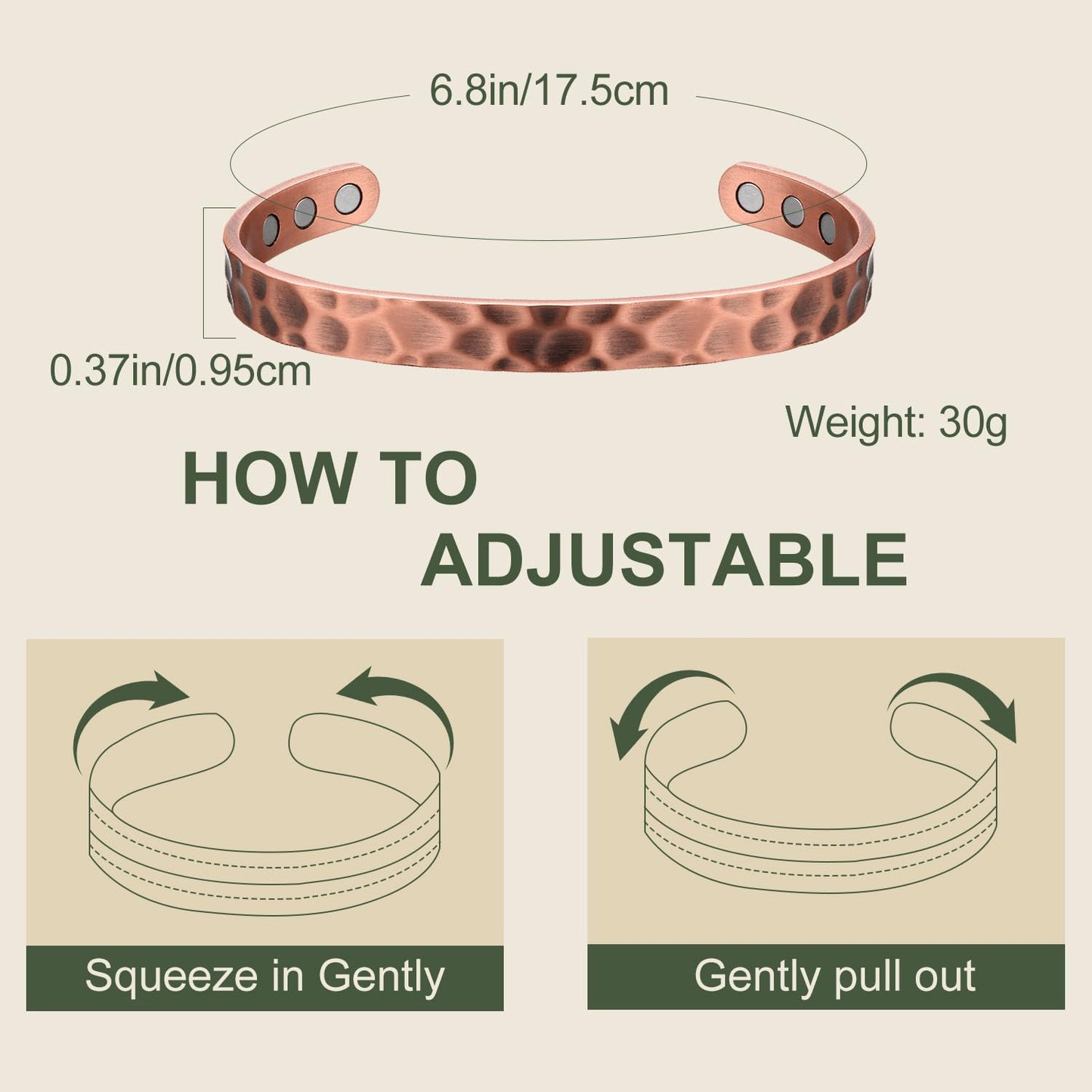 MagEnergy Copper Bracelet for Men and Women, Magnetic Hammered Pure Copper Bangle with 3500 Gauss Magnets,6.8" Adjustable Copper Cuff Jewelry Gift