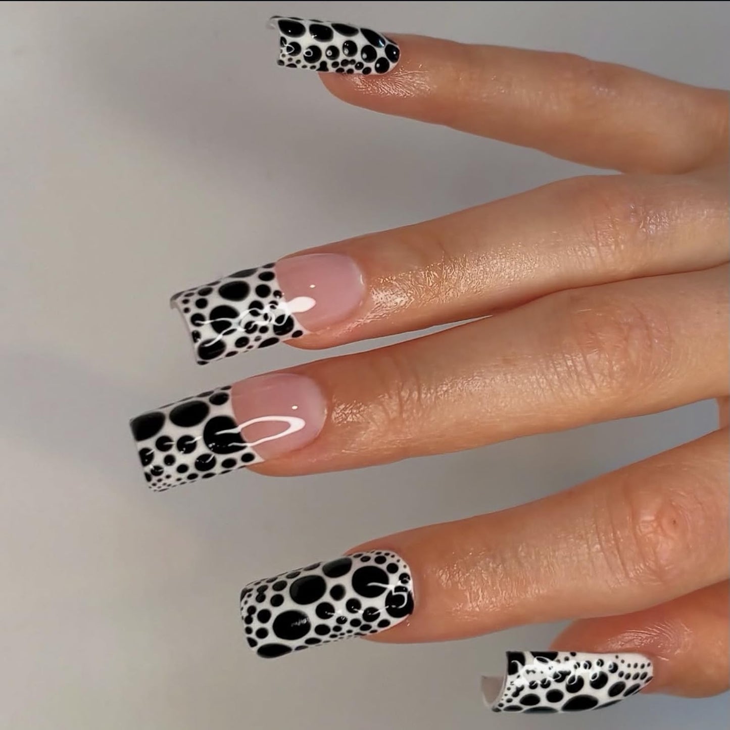 IMRAIN Press on Nails Long Square Fake Nails Glossy French Tips False Nails with Black Polka Dot Design Full Cover Glue on Nails for Women