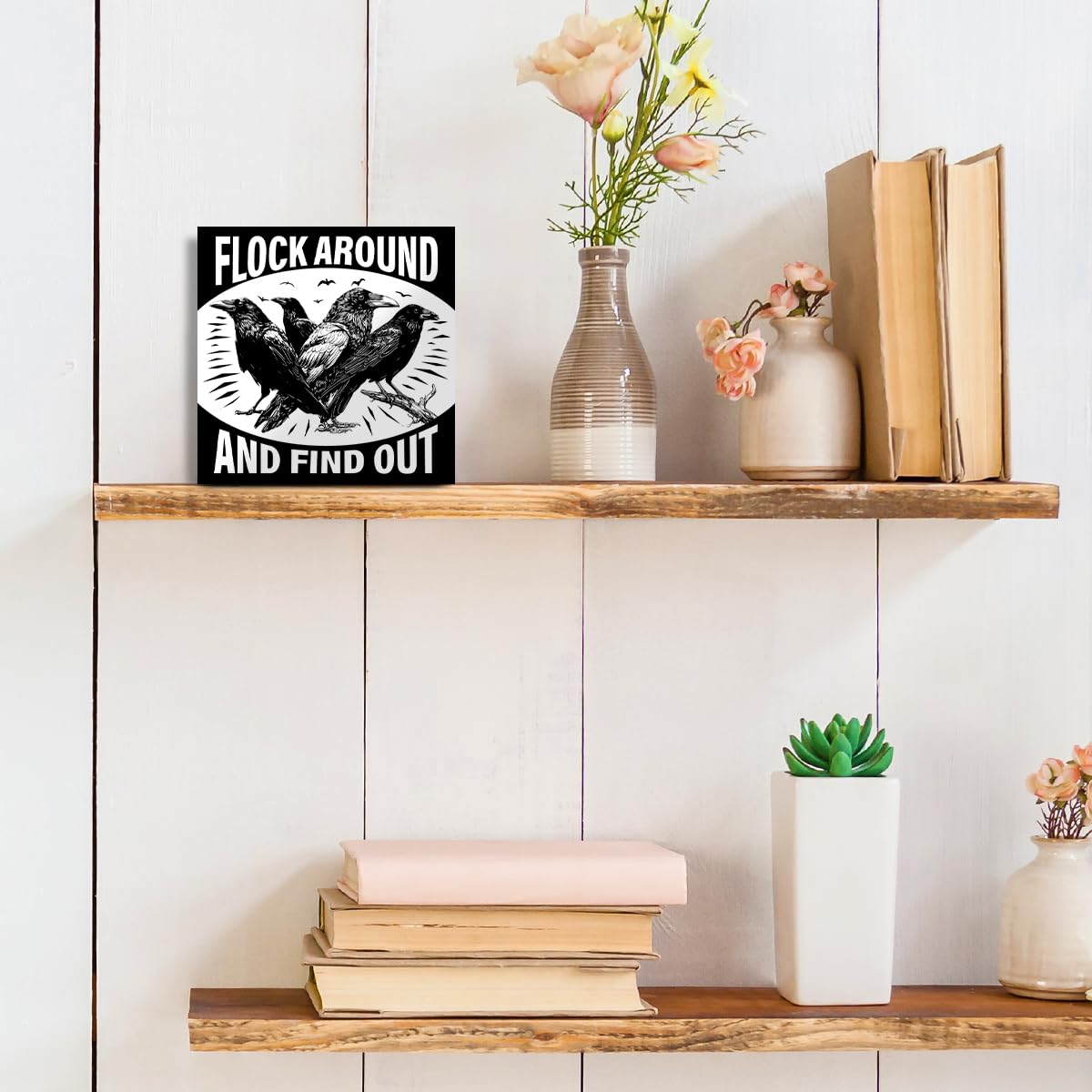 Funny Gothic Black Crow Sign Decor Goth Raven Black Wood Block Sign Crows Lover Gifts