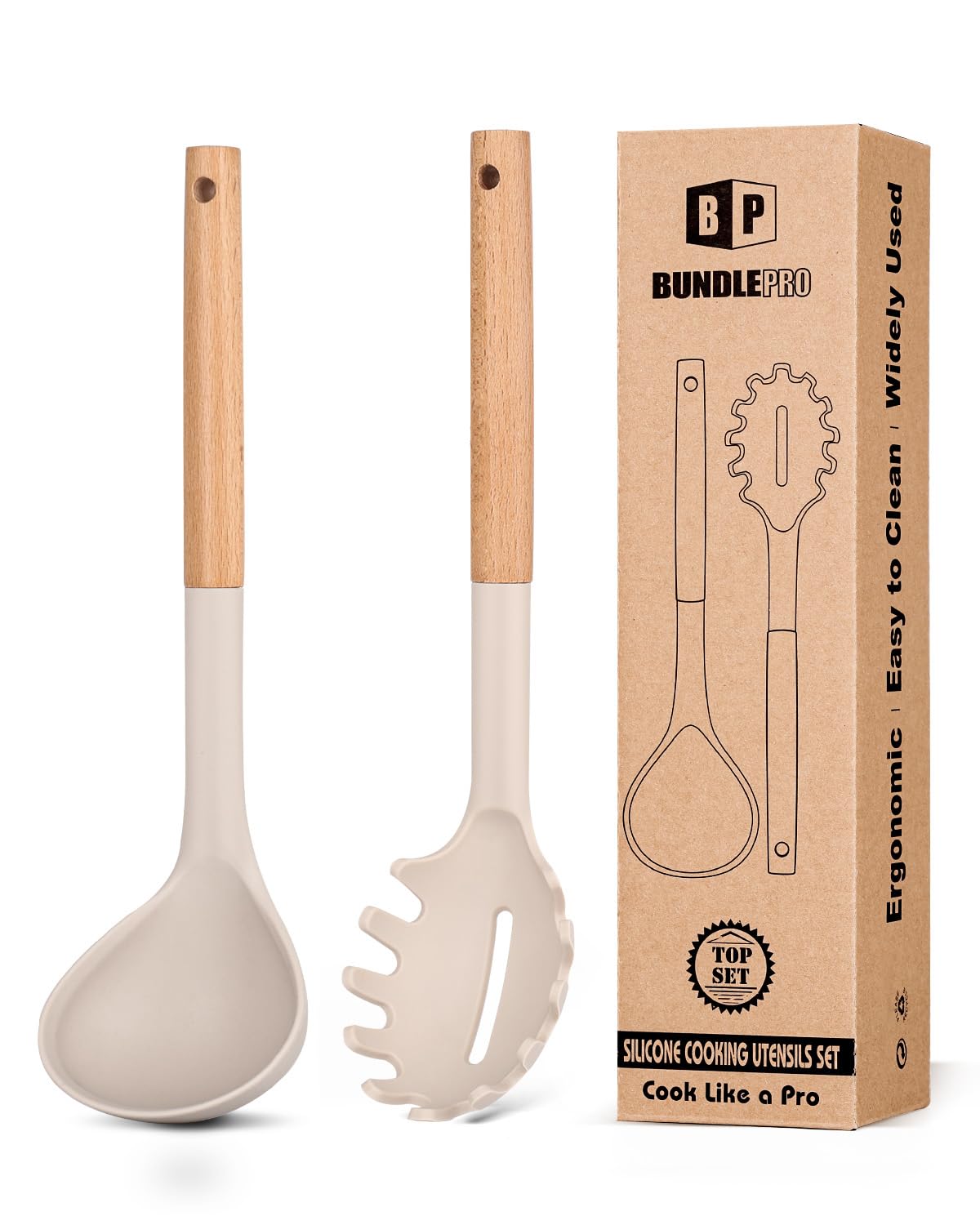 Silicone Pasta Fork and Ladle Spoon Set with Wooden Handle, Heat Resistant Non Stick Kitchen Utensils for Cooking, Stirring, Serving Spaghetti, Soup, Sauce(KHAKI)