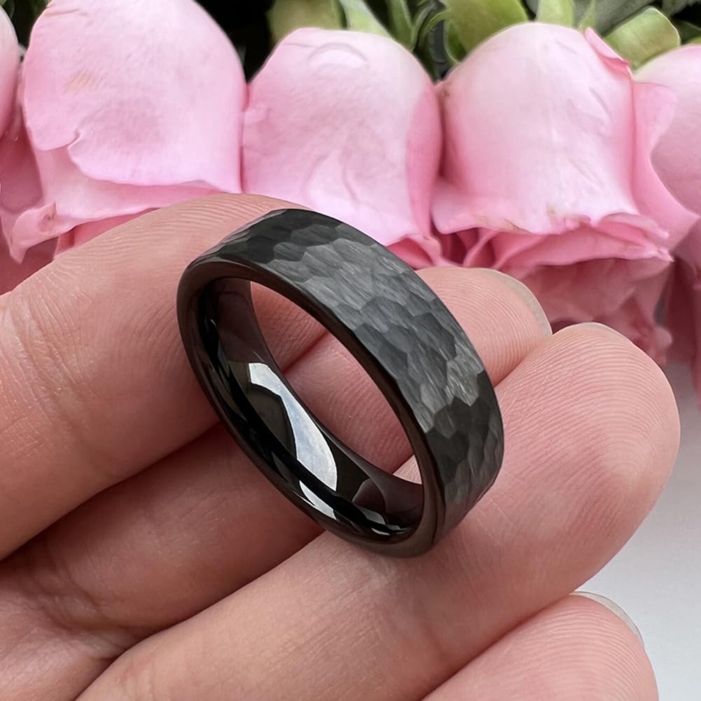 TUTISS 6mm Black Hammered Tungsten Rings for Men Women Fashion Engagement Wedding Bands Pipe Cut Matte Finish Comfort Fit Size 10