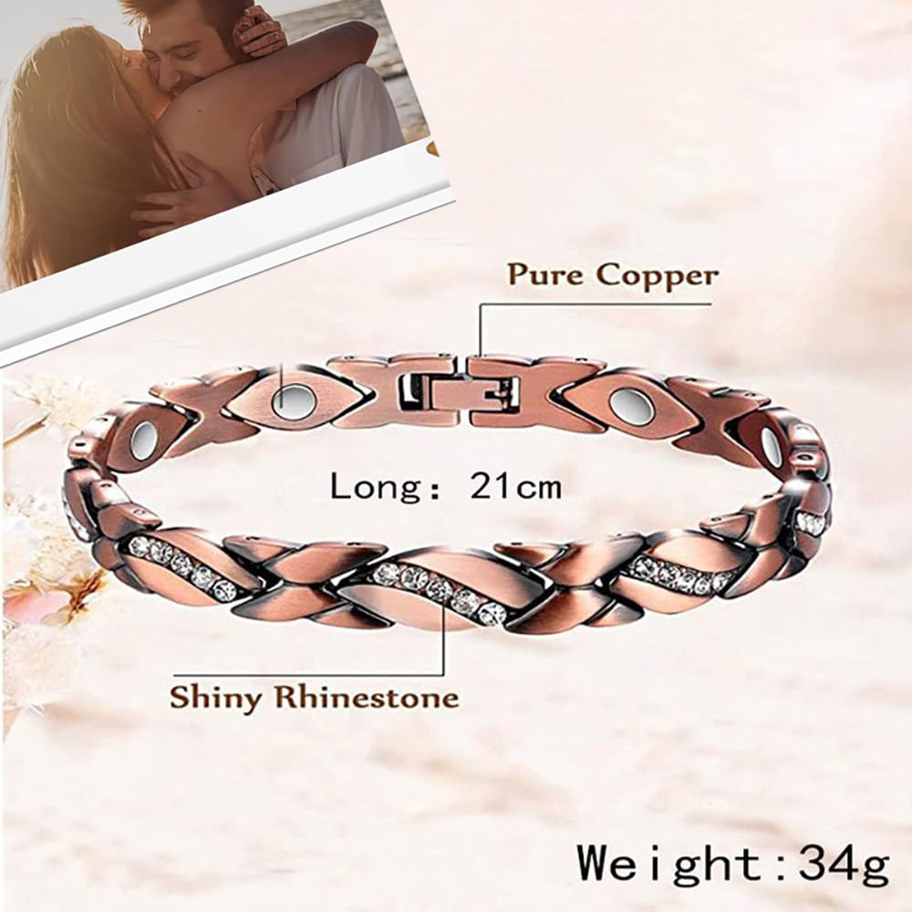 Copper Bracelet for Women, 99.99% Pure Copper Megneetic Bangle Arthritis, Effective Neodymium Lympunclog, Titanium Steel Heart Crystal Bracelets, Pulsera de Cobre para Mujer