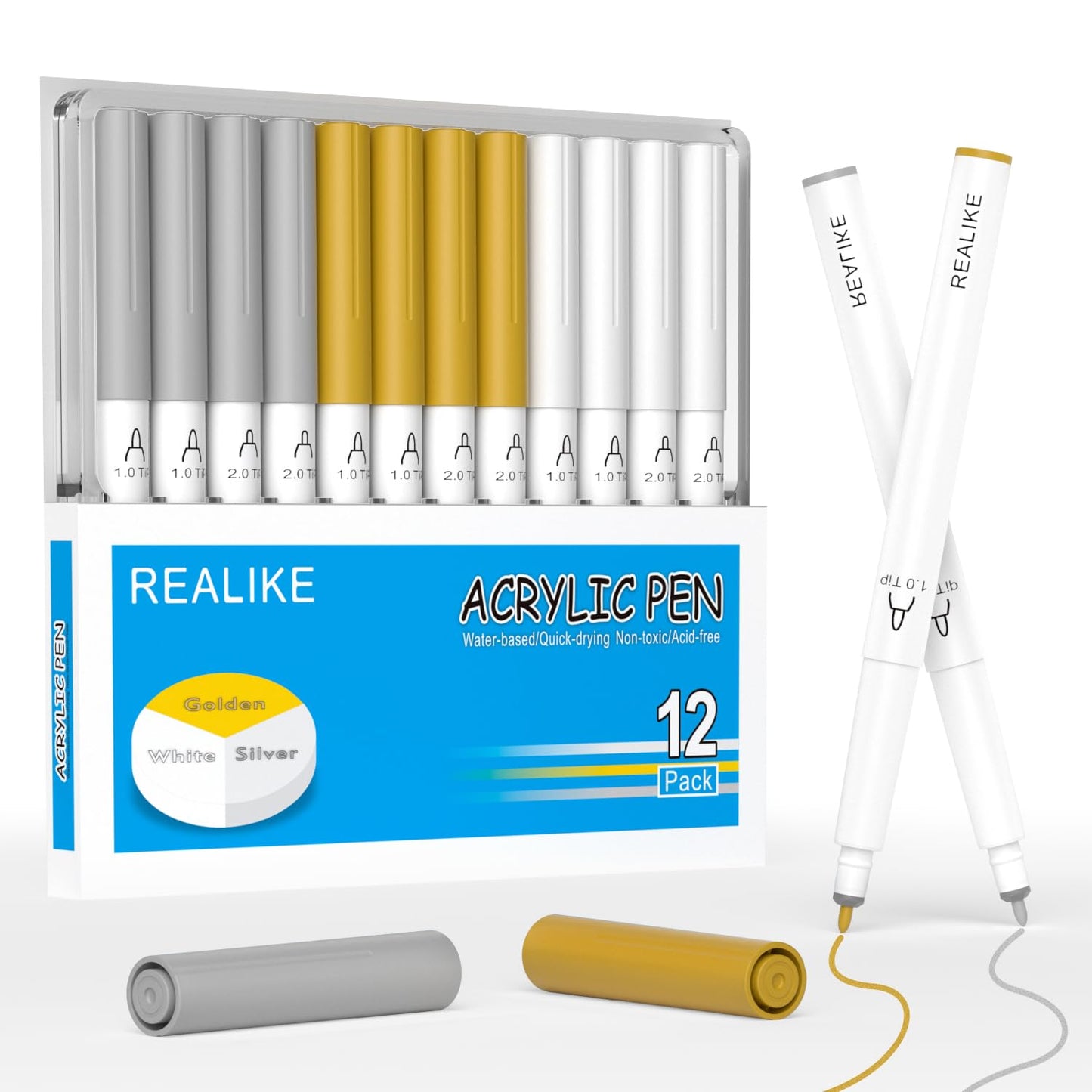 REALIKE Acrylic Paint Markers for Cricut Maker 4/ Maker 3/Maker/Explore 4/3/Air 2/Air, Gold Silver White Acrylic Paint Pens for Rocks, Paper, Wood, Canvas, Glass, Ceramic, Fabric (1.0 & 2.0 Tip)
