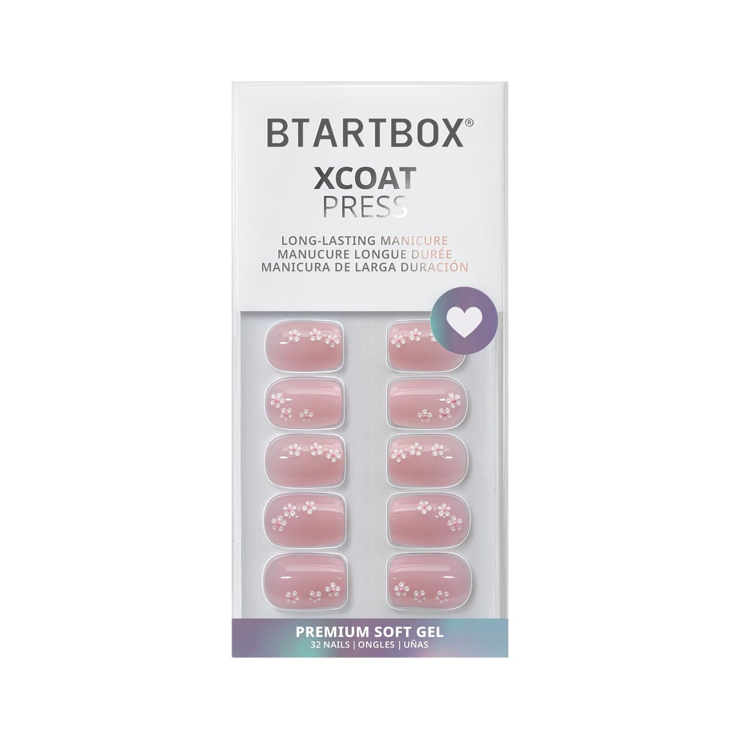 BTArtbox Press On Nails Short - Petalfall, Lamp-Curable 4-Week Wear 3D Flower Pink Square Press On Nails with Glue and Adhesive Tabs, Easy-to-Apply in 16 Sizes - 32 Nails All-in-One Kit