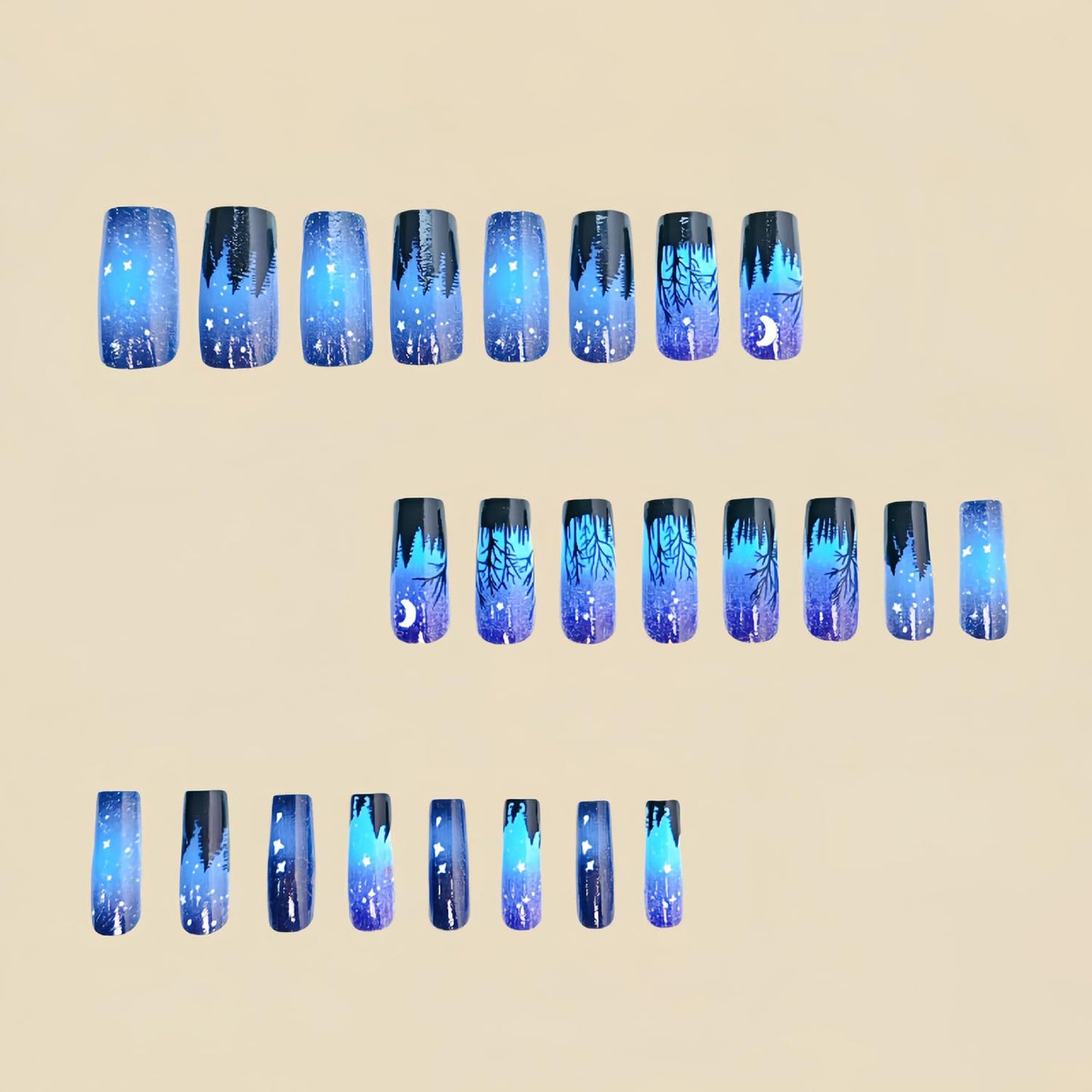 Press on Nails Medium Square Aurora Blue Night Black Forest Design False Nails Artificial Nails Full Cover Nails Acrylic Coffin Nails Reusable Glue on Nails DIY Stick on Nails for Women 24Pcs