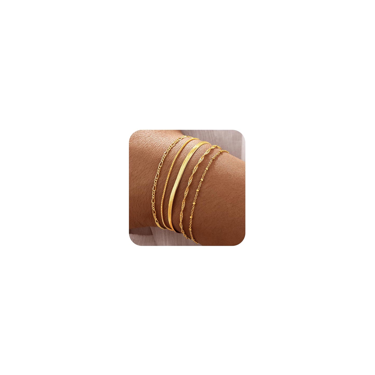 Striviio Gold Bracelets for Women, 14K Gold Plated Stackable Bracelet Stack Set Adjustable Charm Small Square Chain Snake Link Layered Waterproof Jewelry Sets Gifts
