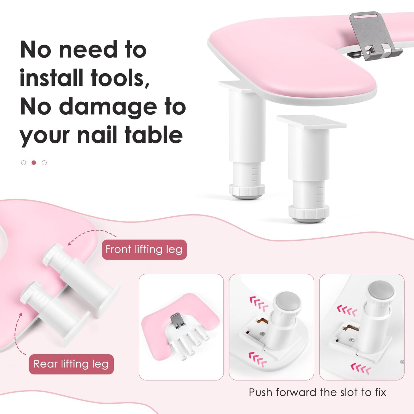 LIONVISON Arm Rest for Nails Tech: U Shaped Adjustable Height Ergonomic Nail Hand Rest Stand PU Leather with Rotating Phone Holder for Nail Salon Manicurist (Pink)