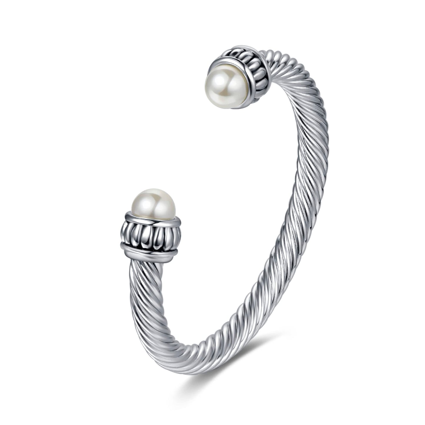 UNY JEWEL Jewelry Make a Statement Two Tone Twisted Cable Wire Caviar Imitation Pearl Cuff Bangle Makes a Stylish Christmas Gift (Silver Cream)