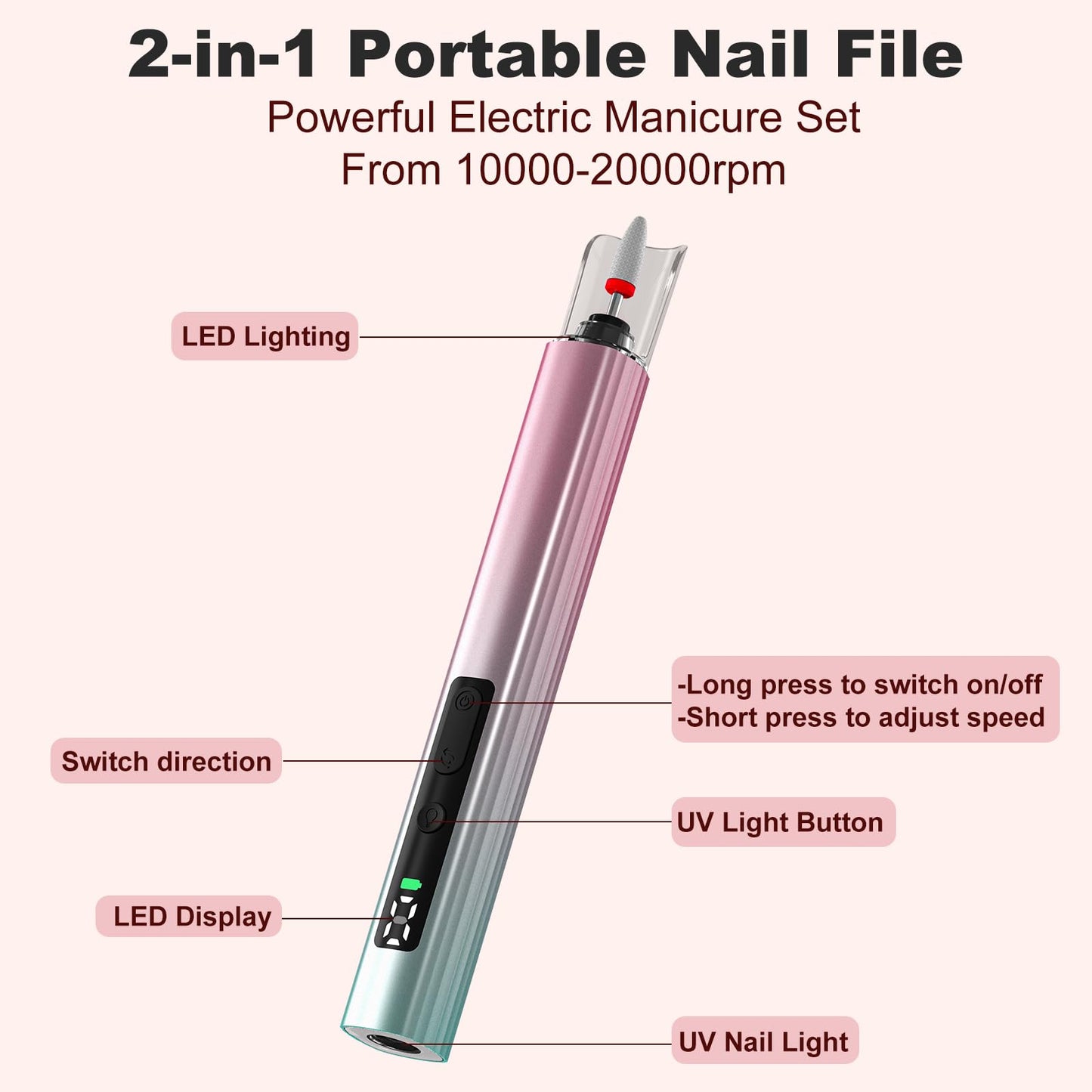 Bzone Cordless Electric Nail File Drill with UV Light Lamp, 5 Speed Rechargeable Portable Manicure and Pedicure Kit, for Human, Pet, Thick Toenails, Natural & Acrylic Nails Grey
