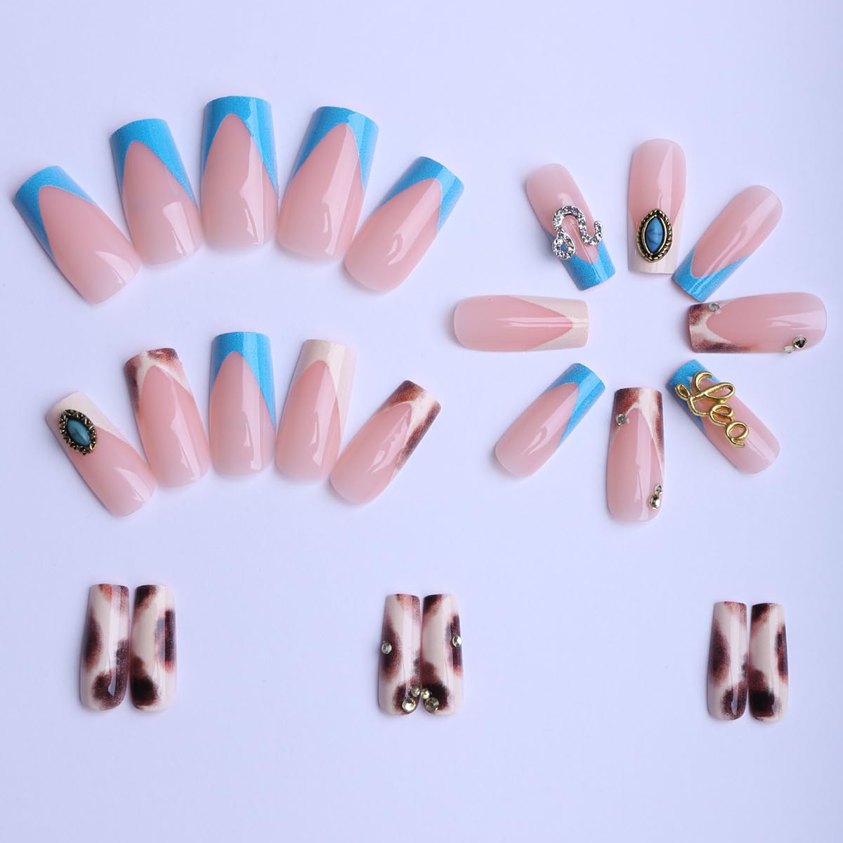 plalely Press on Nails French Tip, 3D Handmade Acrylic Press on French Tip Nails with Designs，Long Square Nail Press Ons for Women 24pcs