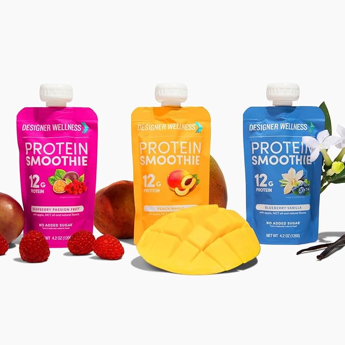 Designer Wellness Protein Smoothie, Real Fruit, 12g Protein, Low Carb, Zero Added Sugar, Gluten-Free, Non-GMO, No Artificial Colors or Flavors, Super Fruits Variety Pack, 12 Count